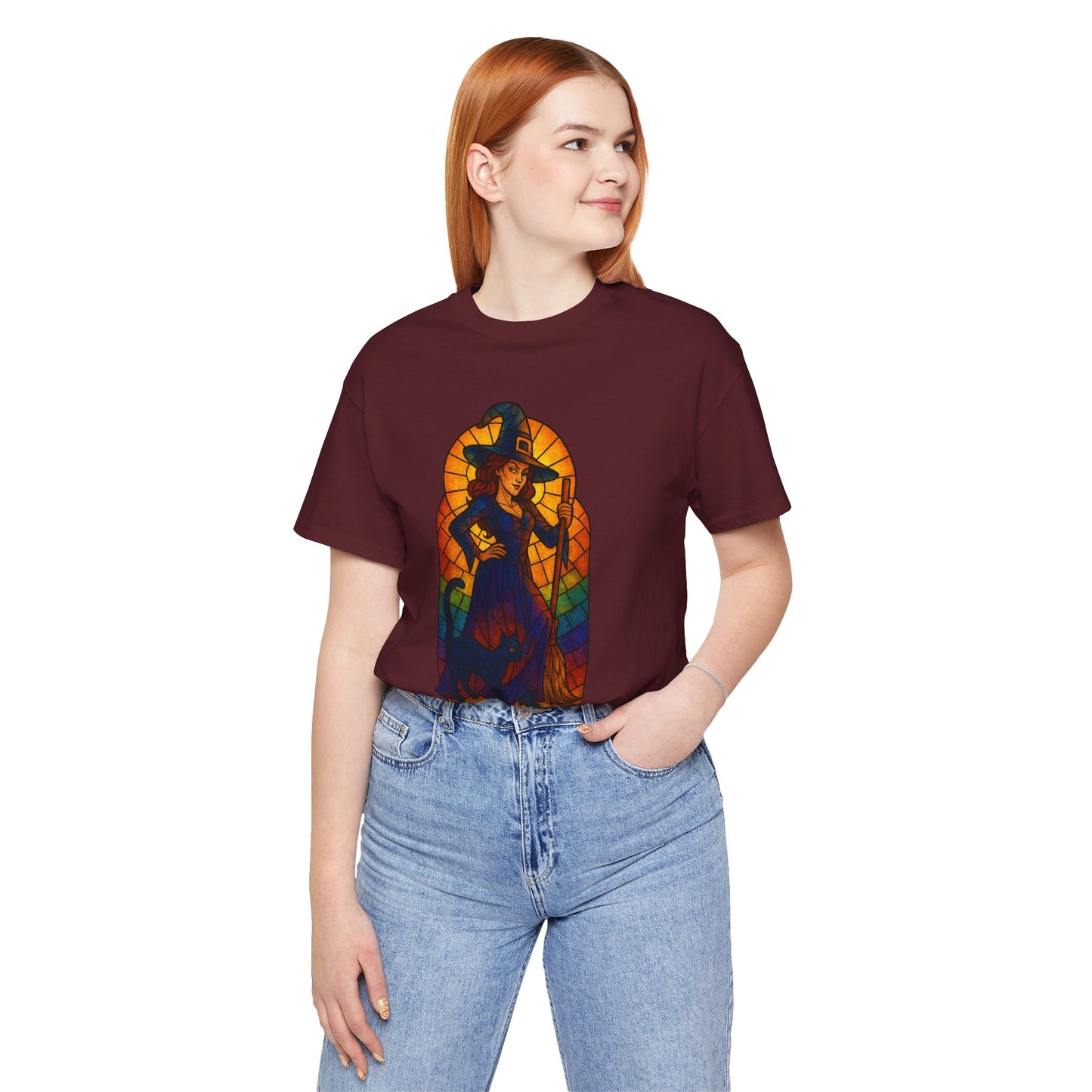 Sassy Radiant Witch T-Shirt | Stained Glass Black Cat & Broom Design