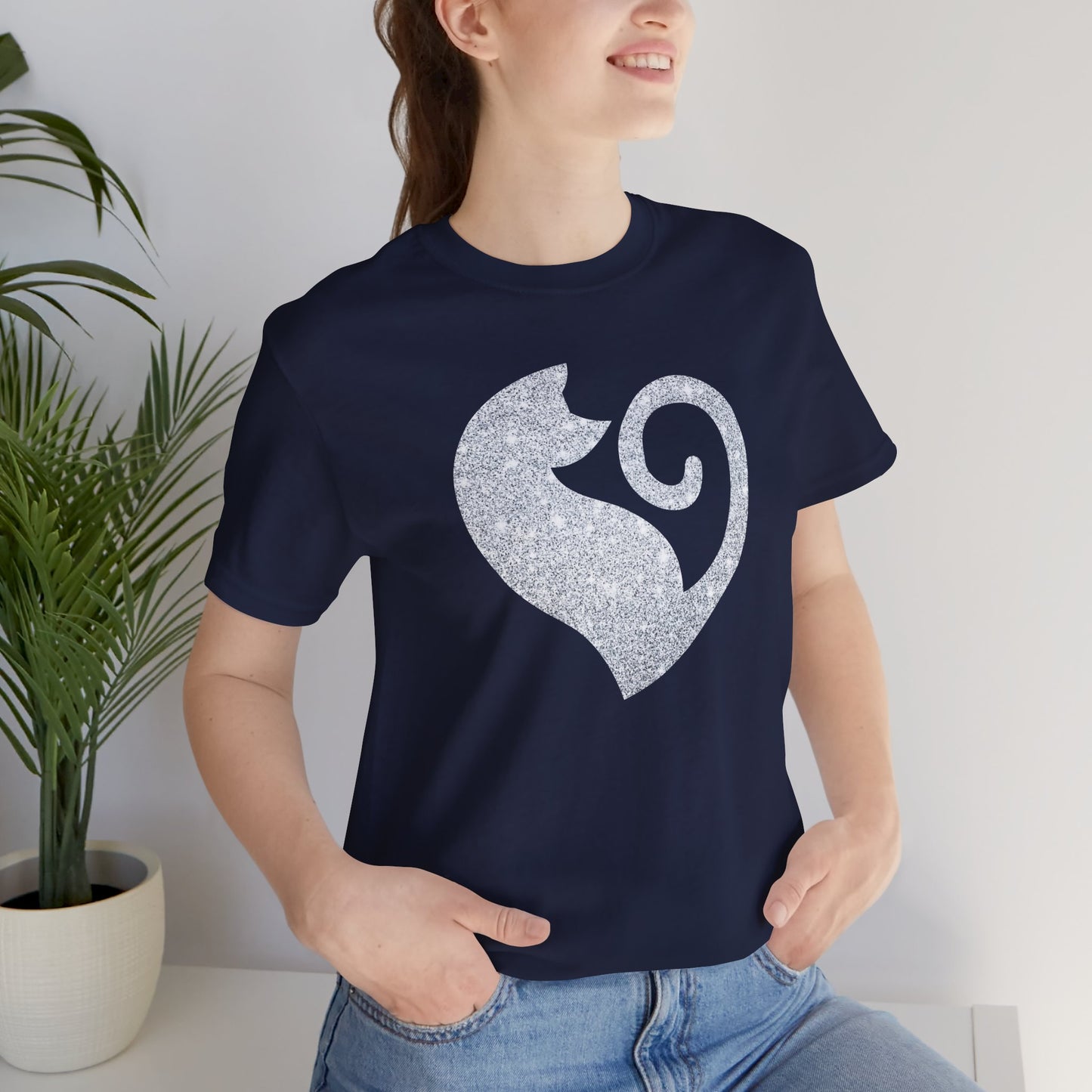 Cat Heart Silver Glitter Look Tee