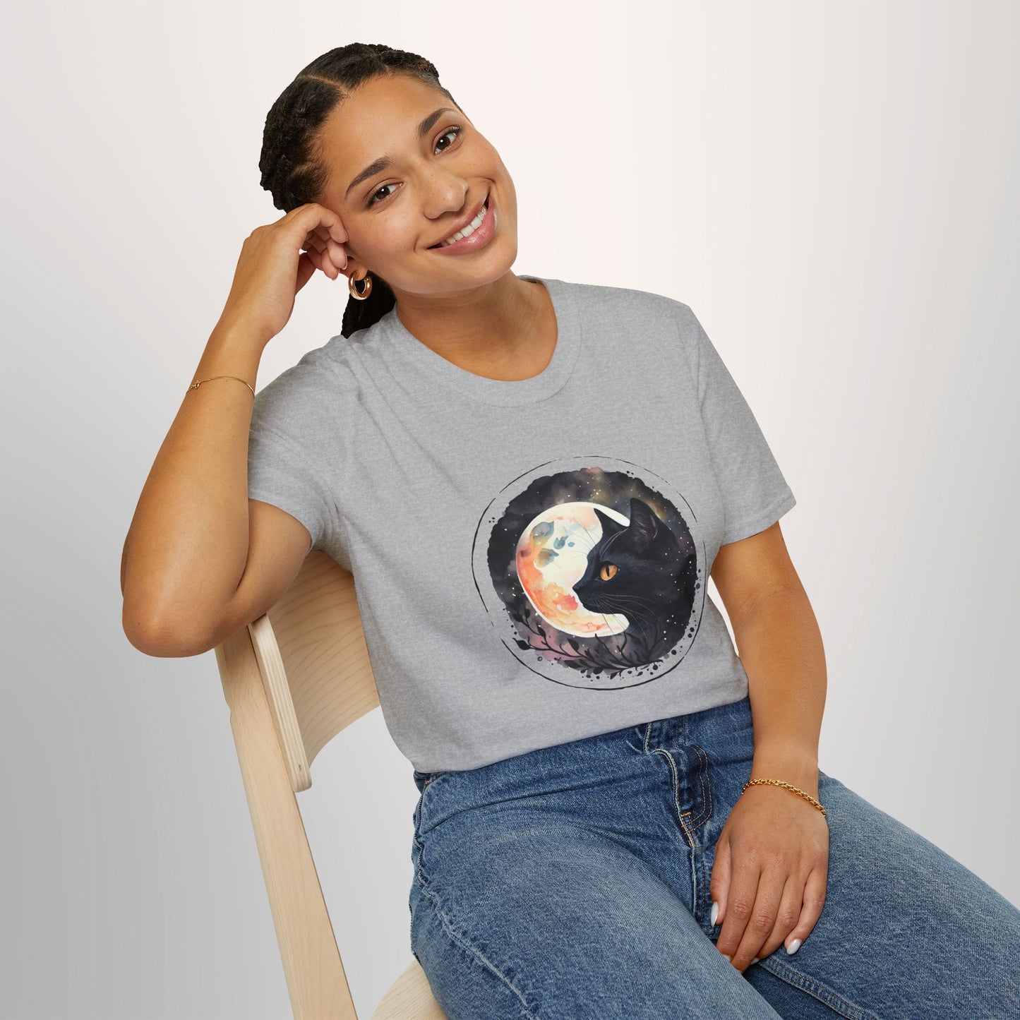 Black Cat in the Moonlight T-Shirt - Witchy Lunar Glow Tee