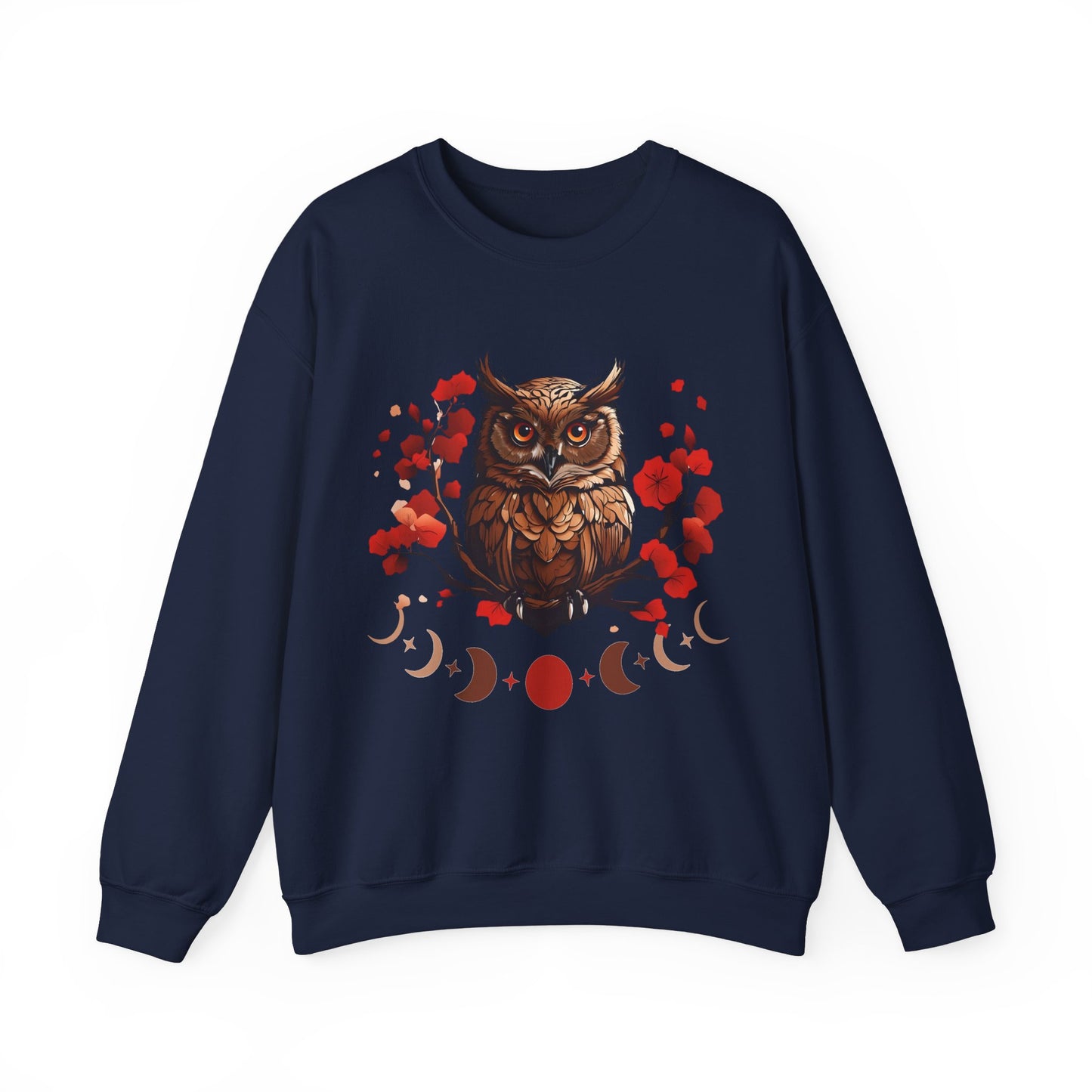 Moon Phase Owl Japanese Cherry Blossom Sweatshirt, Nature Spirit Unisex Pullover