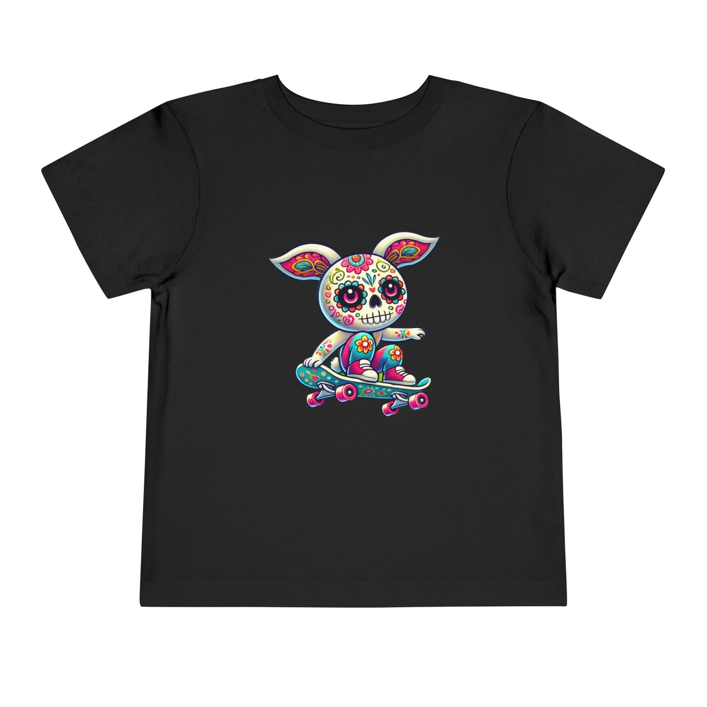 calavera sugar skull skater easter bunny rabbit on skateboard skateboarding black color tshirt