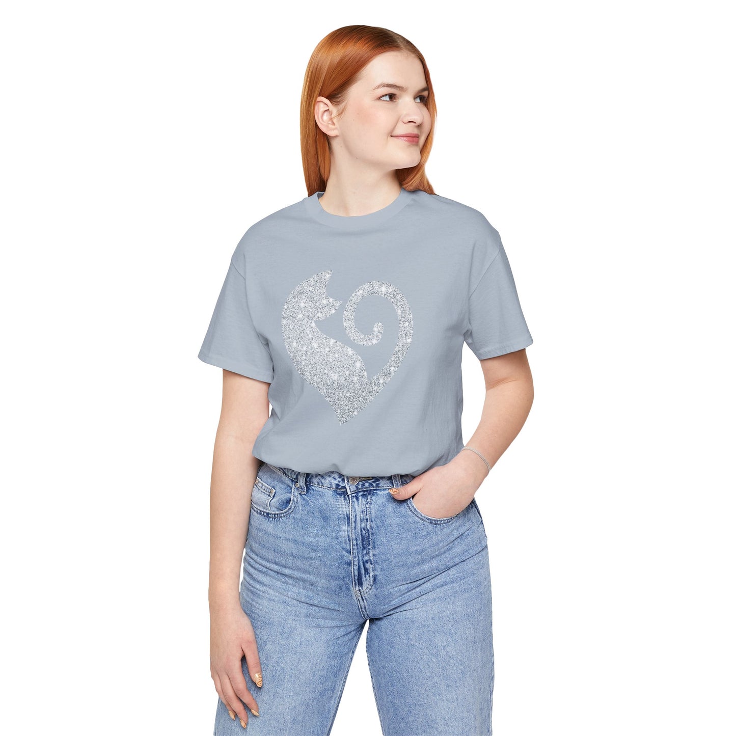 Cat Heart Silver Glitter Look Tee
