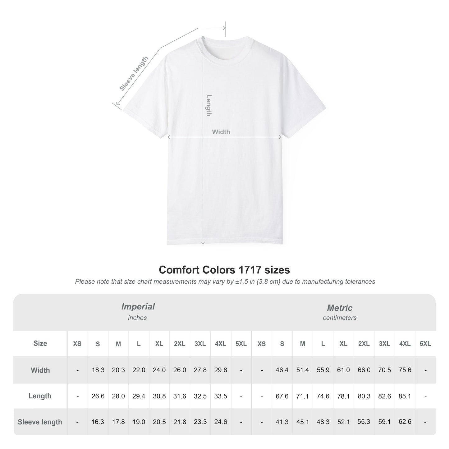 Size chart for unisex Comfort Colors Halloween t-shirt – garment specs and fit guide