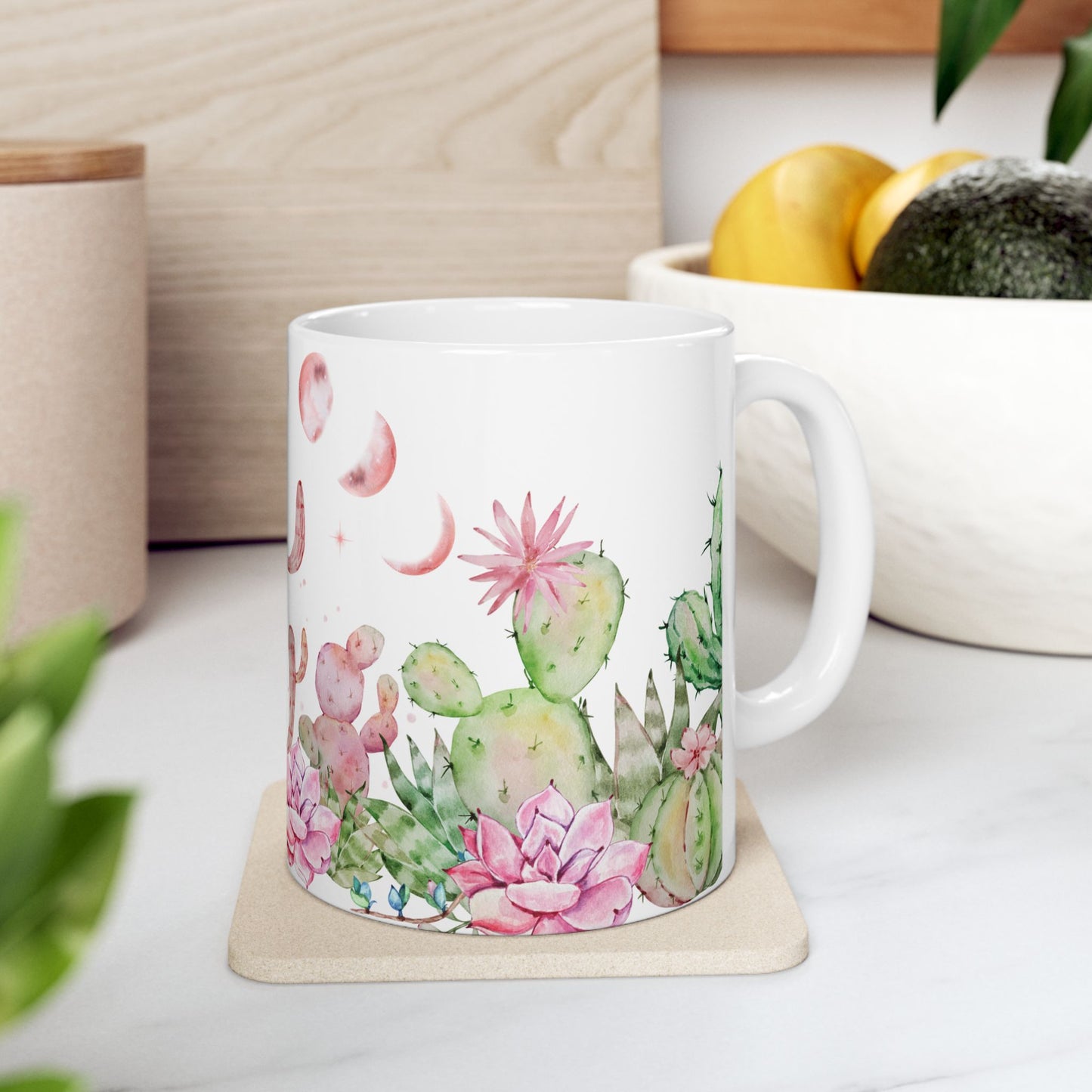 Watercolor Moon Phase Cacti & Succulents Ceramic Mug – Botanical Lunar Coffee Cup (11 oz & 15 oz)