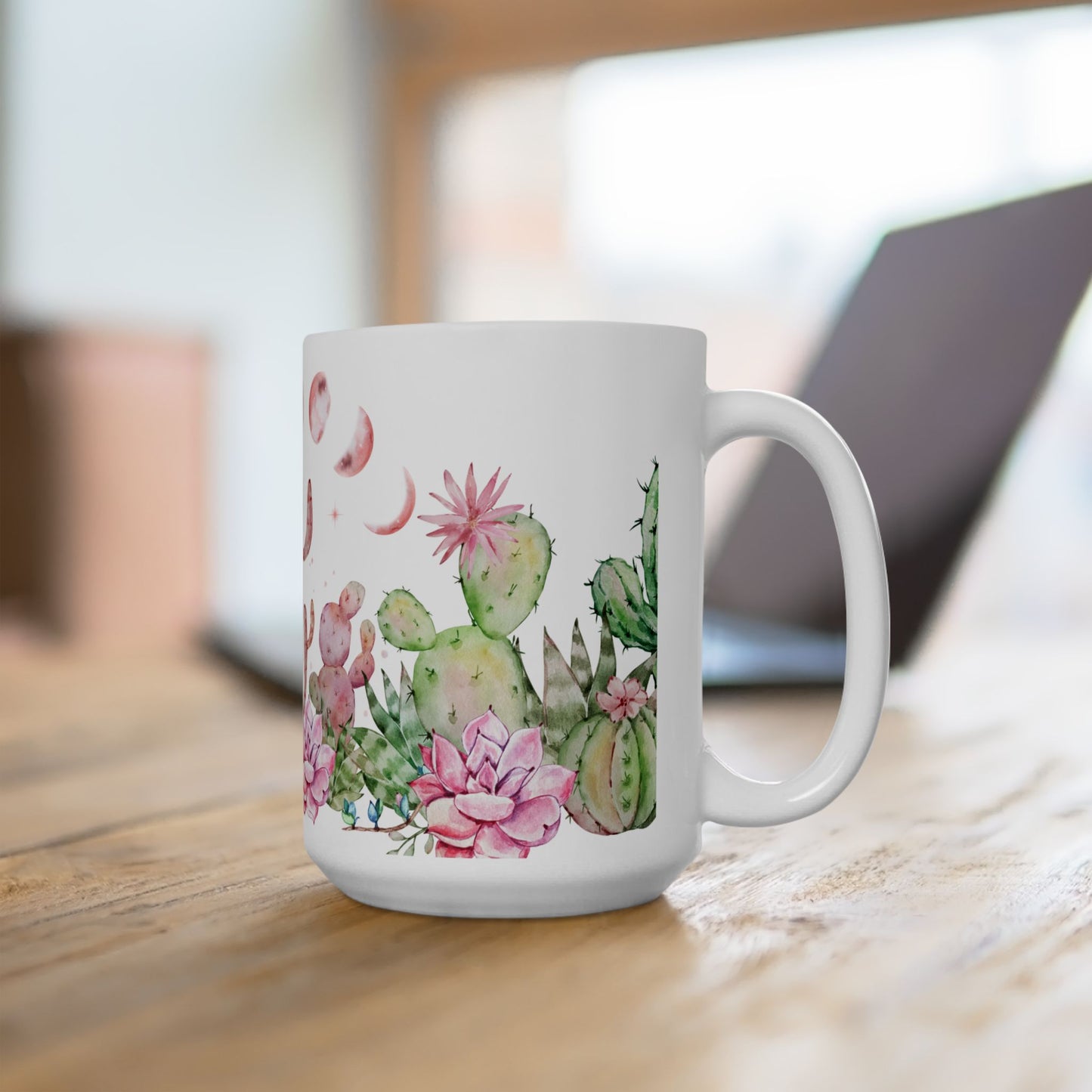 Watercolor Moon Phase Cacti & Succulents Ceramic Mug – Botanical Lunar Coffee Cup (11 oz & 15 oz)