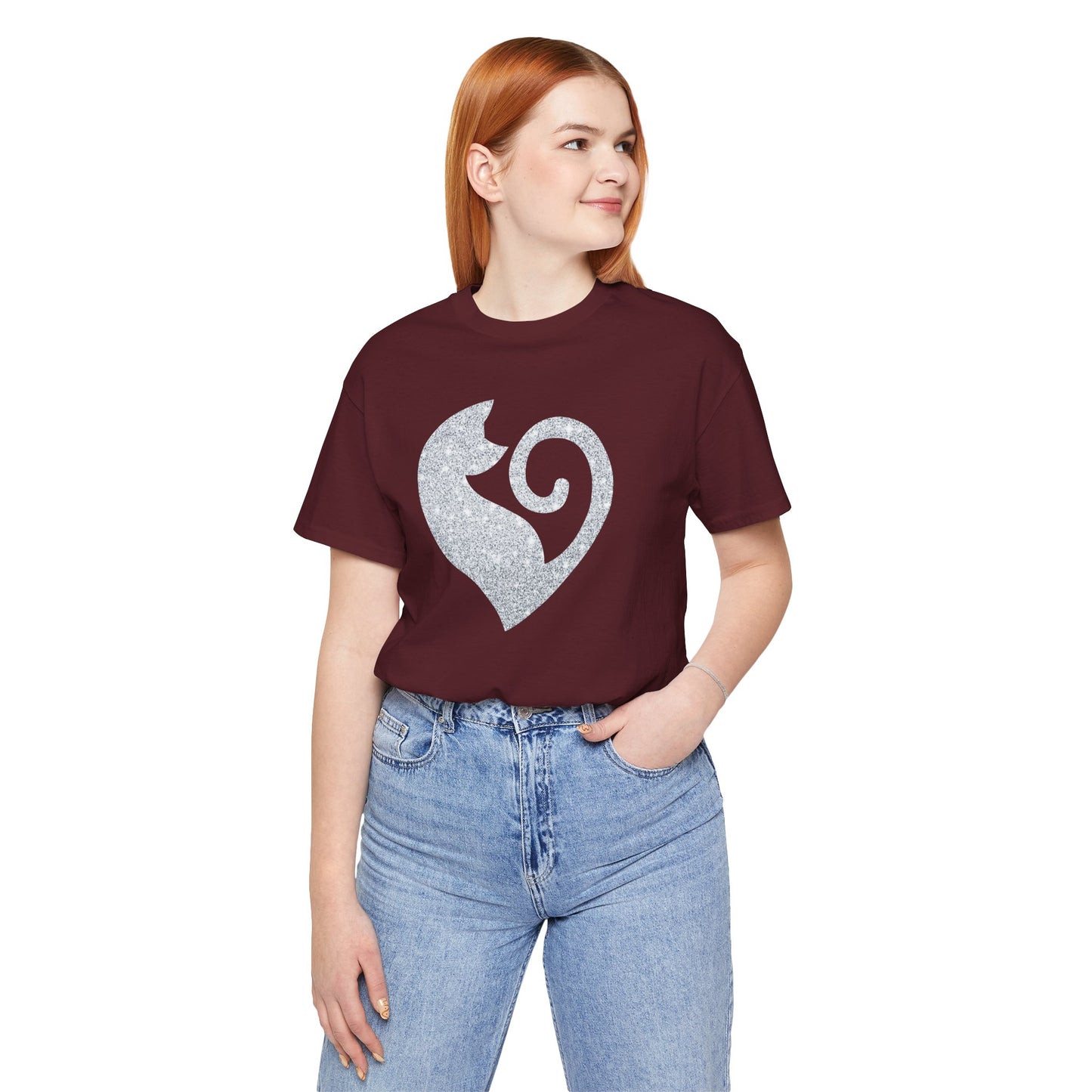 Cat Heart Silver Glitter Look Tee