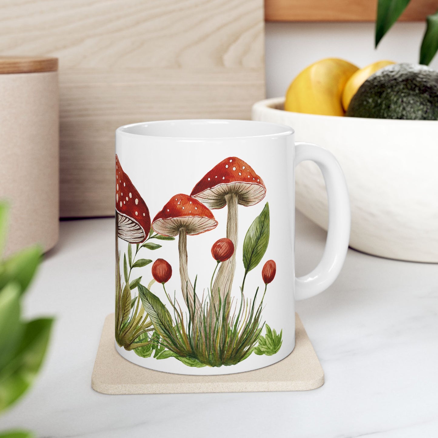 Mushroom Garden Ceramic Mug — Botanical Cottagecore Fungi Coffee Cup (11 oz & 15 oz)