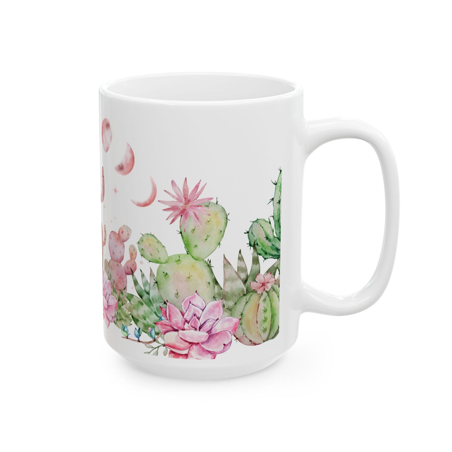Watercolor Moon Phase Cacti & Succulents Ceramic Mug – Botanical Lunar Coffee Cup (11 oz & 15 oz)