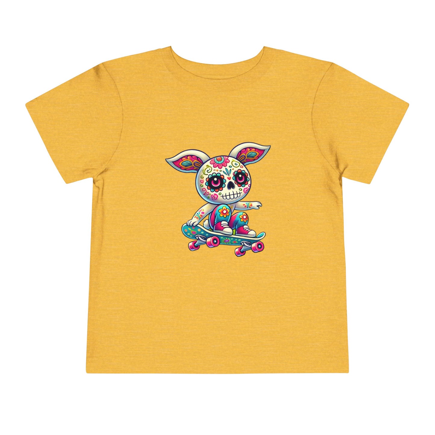 calavera sugar skull skater easter bunny rabbit on skateboard skateboarding yellow gold color tshirt