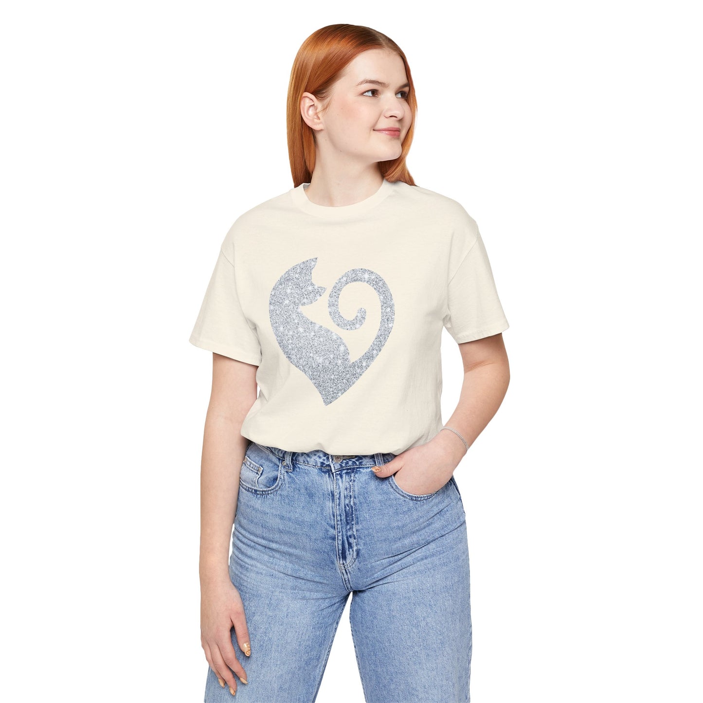 Cat Heart Silver Glitter Look Tee
