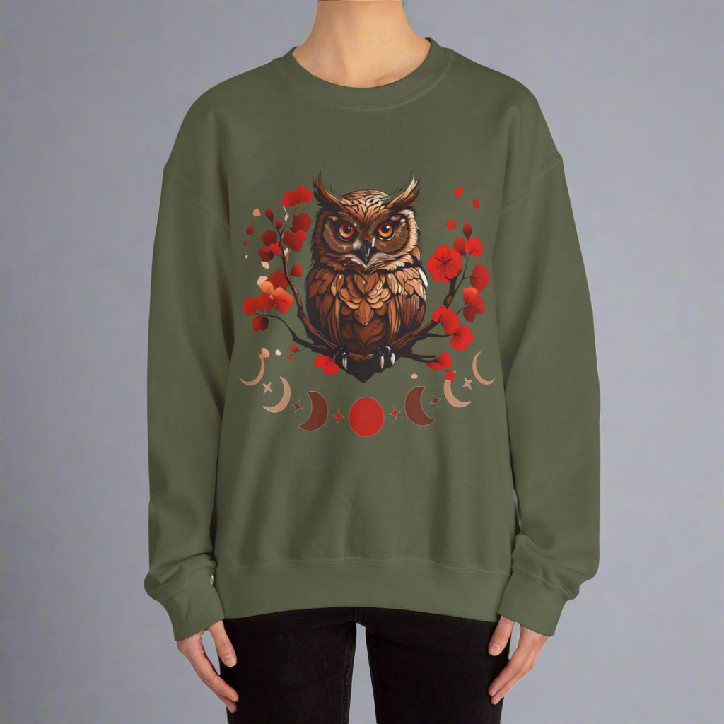 Moon Phase Owl Japanese Cherry Blossom Sweatshirt, Nature Spirit Unisex Pullover