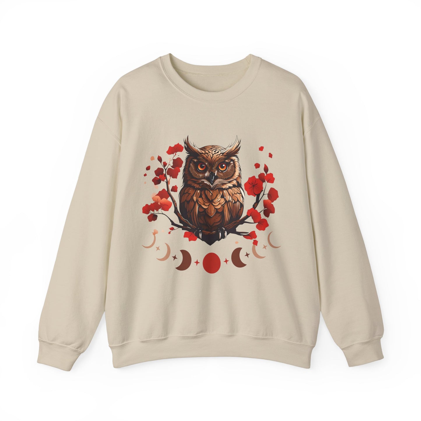 Moon Phase Owl Japanese Cherry Blossom Sweatshirt, Nature Spirit Unisex Pullover