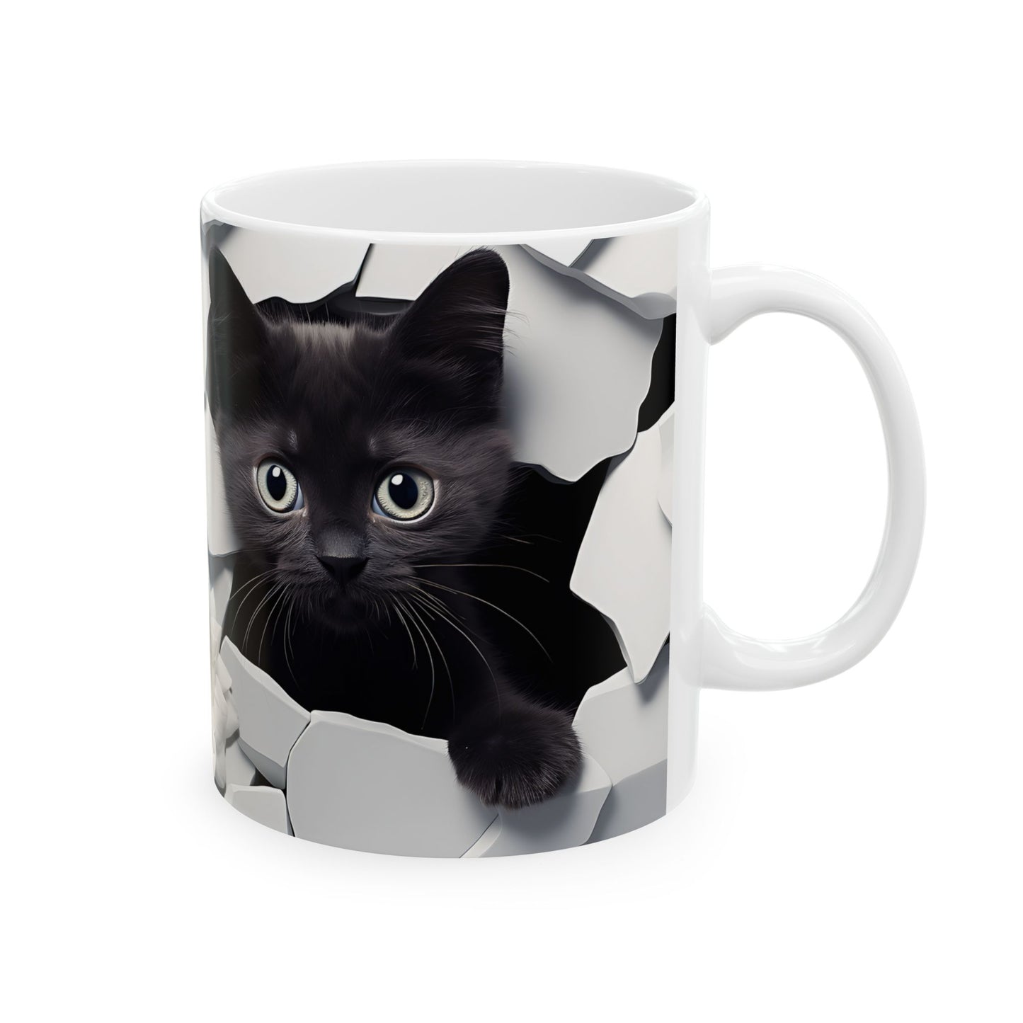 White mug with a black kitten design on a white background