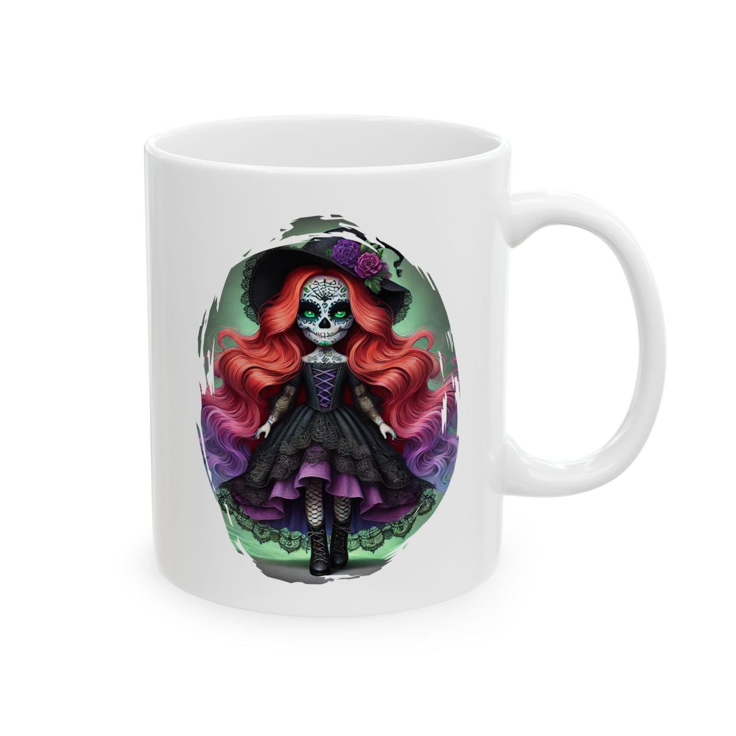 Calavera Witch Doll Sugar Skull Mug – Spooky Cute Gothic Coffee Cup Black or White