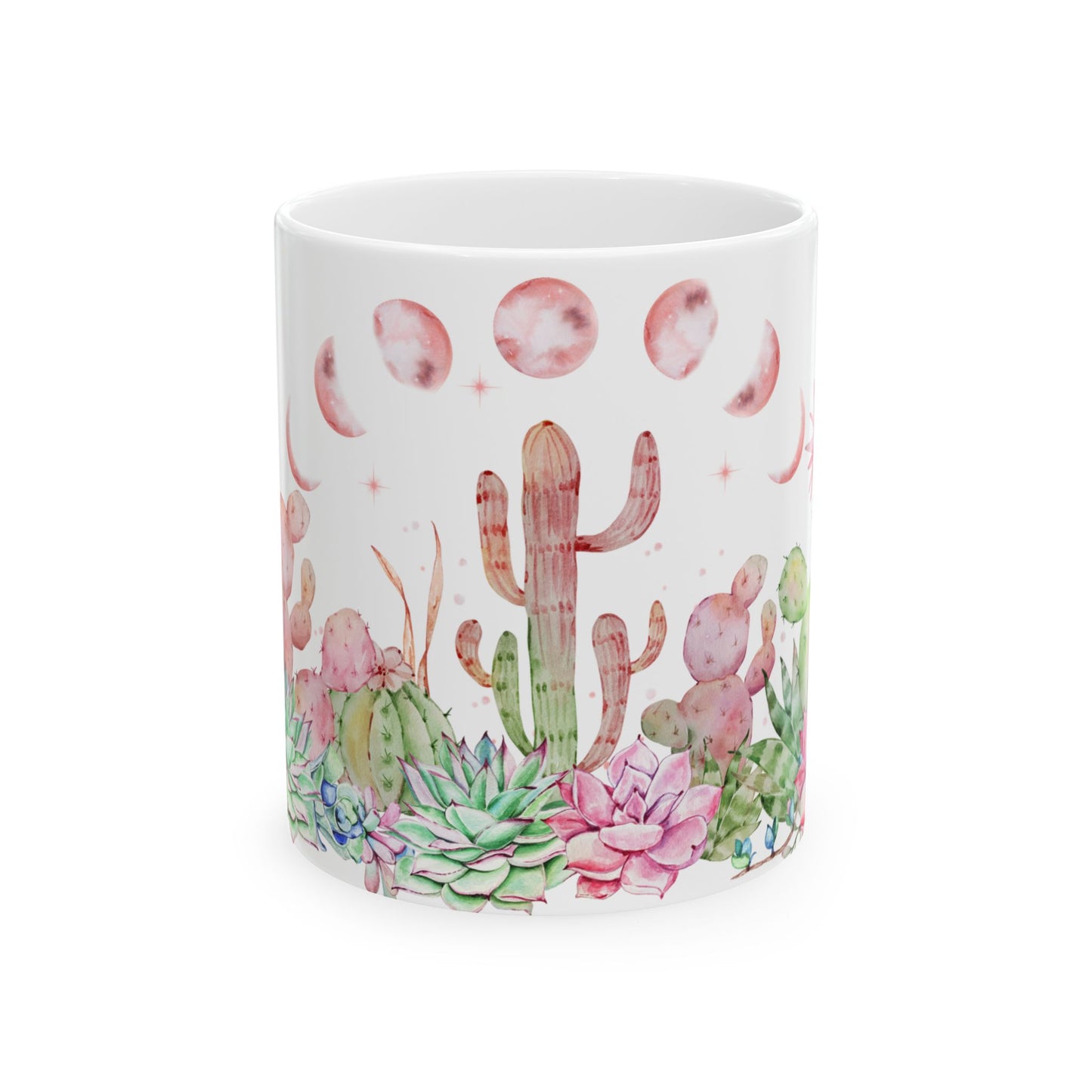 Watercolor Moon Phase Cacti & Succulents Ceramic Mug – Botanical Lunar Coffee Cup (11 oz & 15 oz)