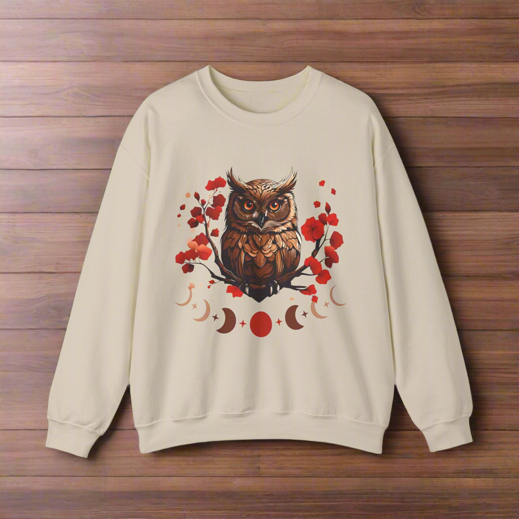 Moon Phase Owl Japanese Cherry Blossom Sweatshirt, Nature Spirit Unisex Pullover