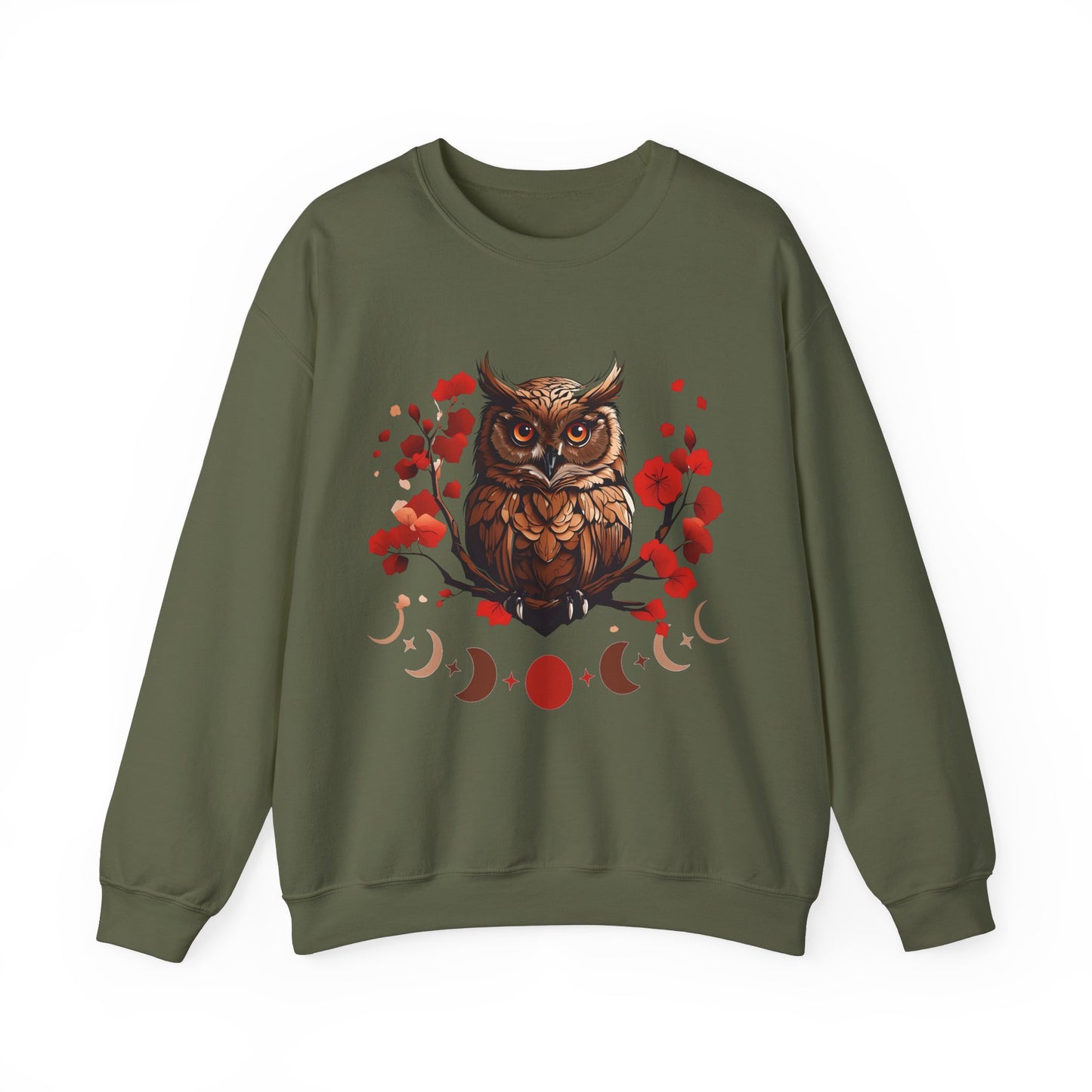 Moon Phase Owl Japanese Cherry Blossom Sweatshirt, Nature Spirit Unisex Pullover