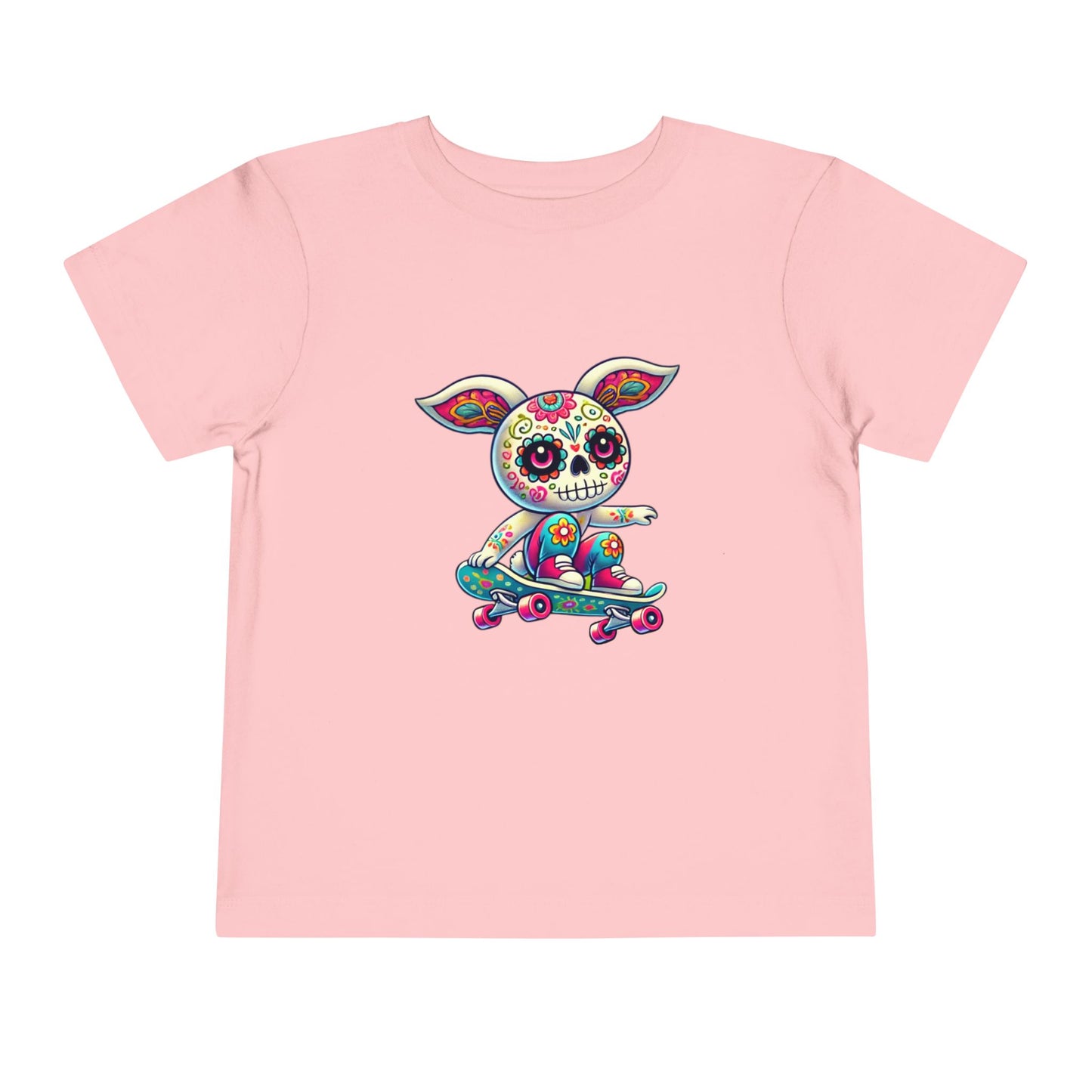 calavera sugar skull skater easter bunny rabbit on skateboard skateboarding pink color tshirt