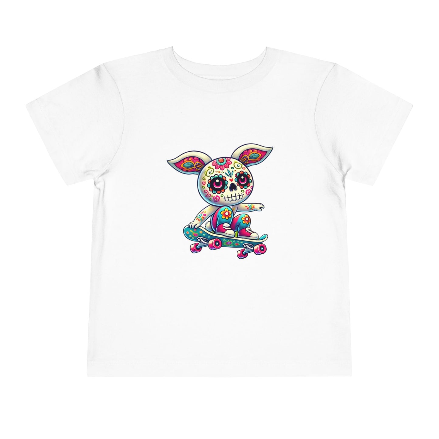 calavera sugar skull skater easter bunny rabbit on skateboard skateboarding white color tshirt