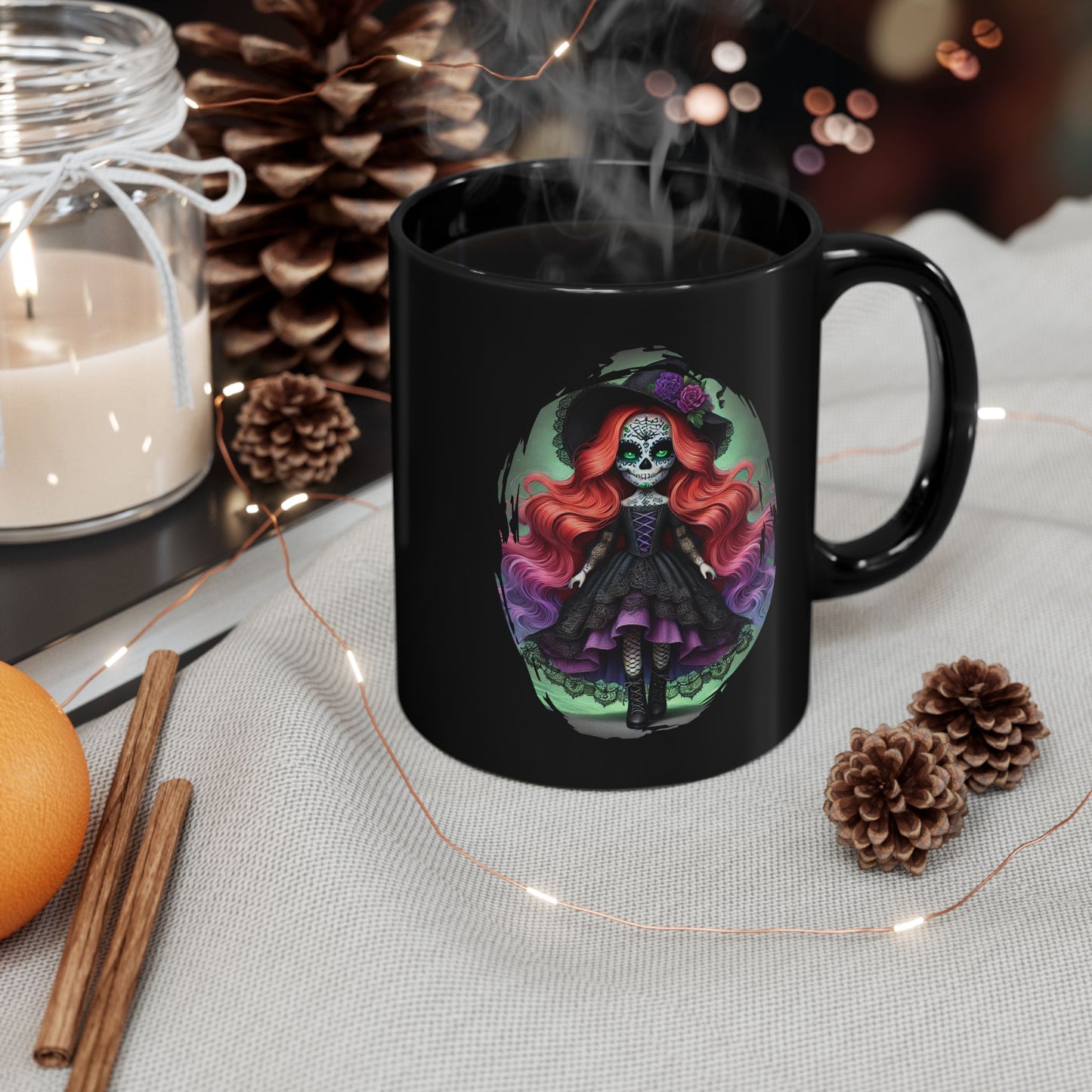 Calavera Witch Doll Sugar Skull Mug – Spooky Cute Gothic Coffee Cup Black or White