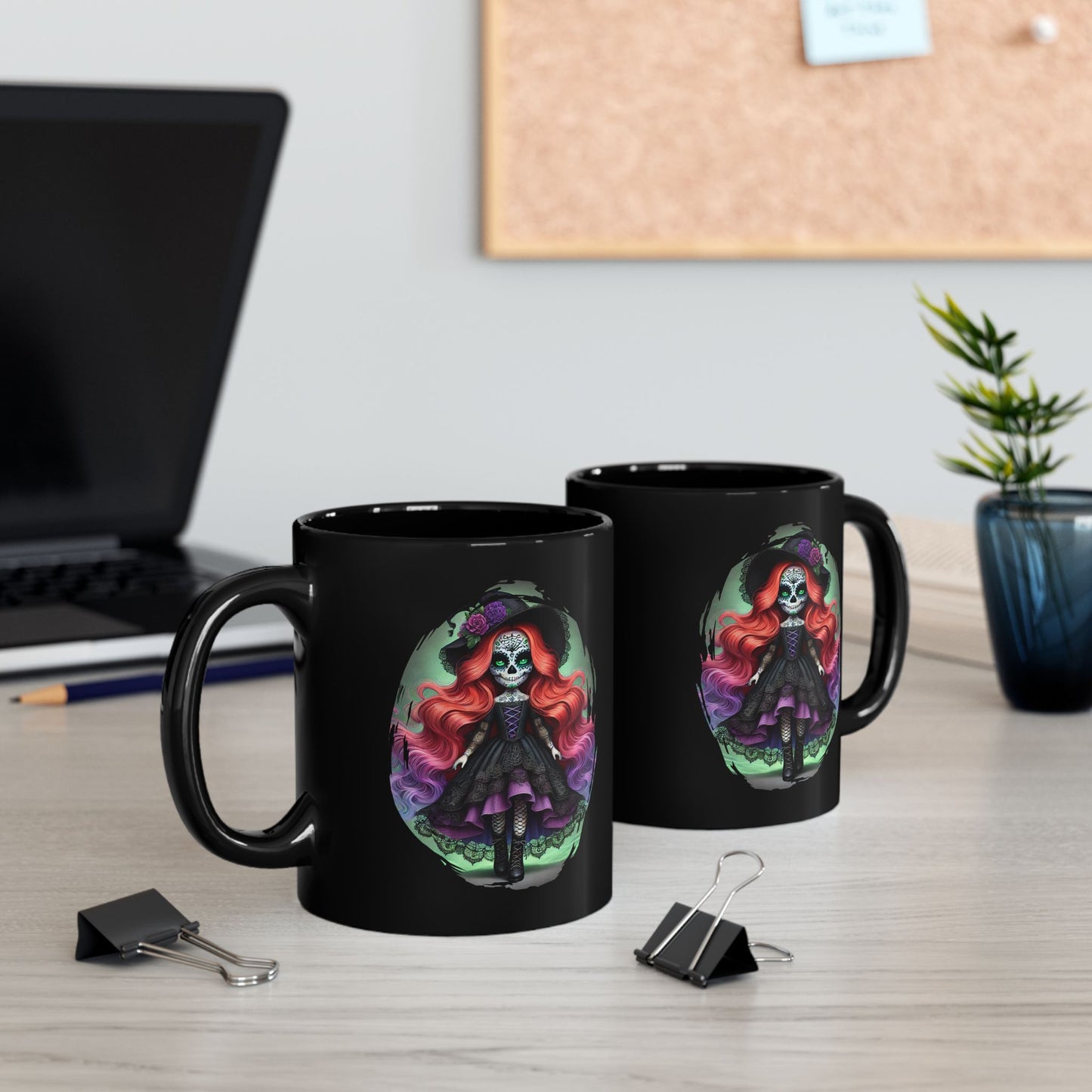 Calavera Witch Doll Sugar Skull Mug – Spooky Cute Gothic Coffee Cup Black or White
