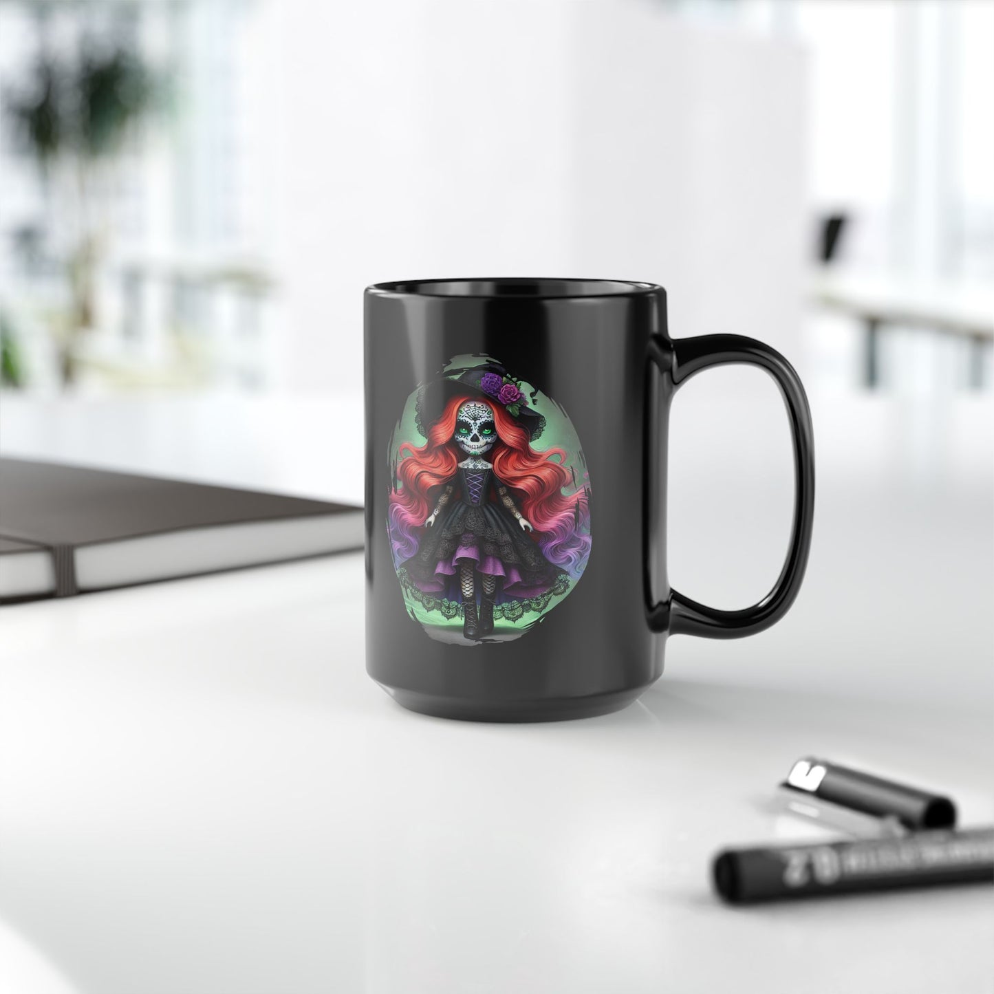 Calavera Witch Doll Sugar Skull Mug – Spooky Cute Gothic Coffee Cup Black or White