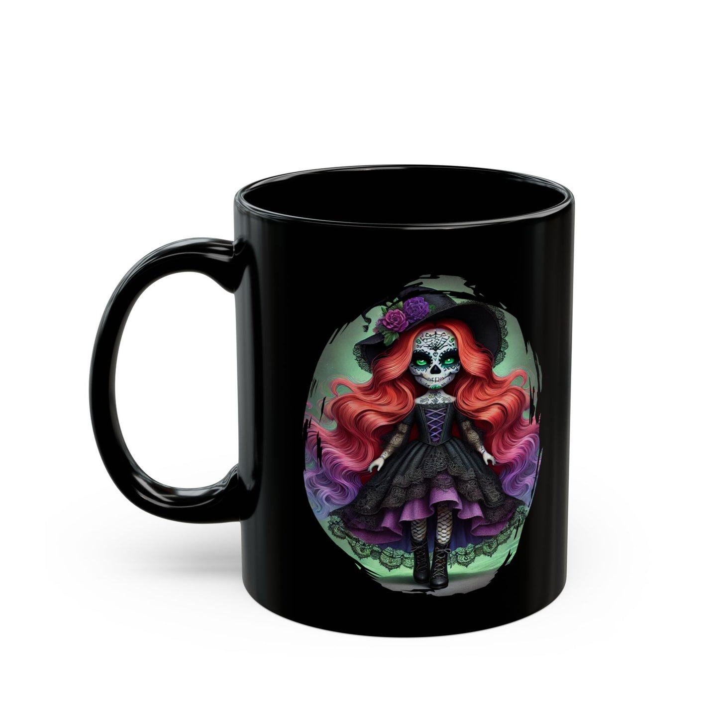 Calavera Witch Doll Sugar Skull Mug – Spooky Cute Gothic Coffee Cup Black or White