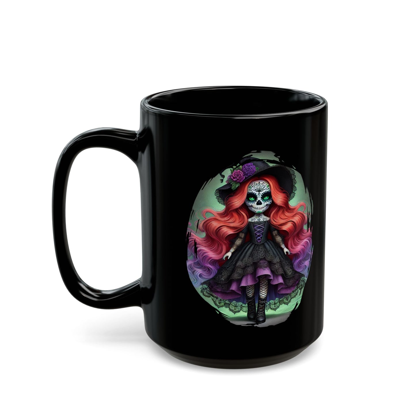 Calavera Witch Doll Sugar Skull Mug – Spooky Cute Gothic Coffee Cup Black or White