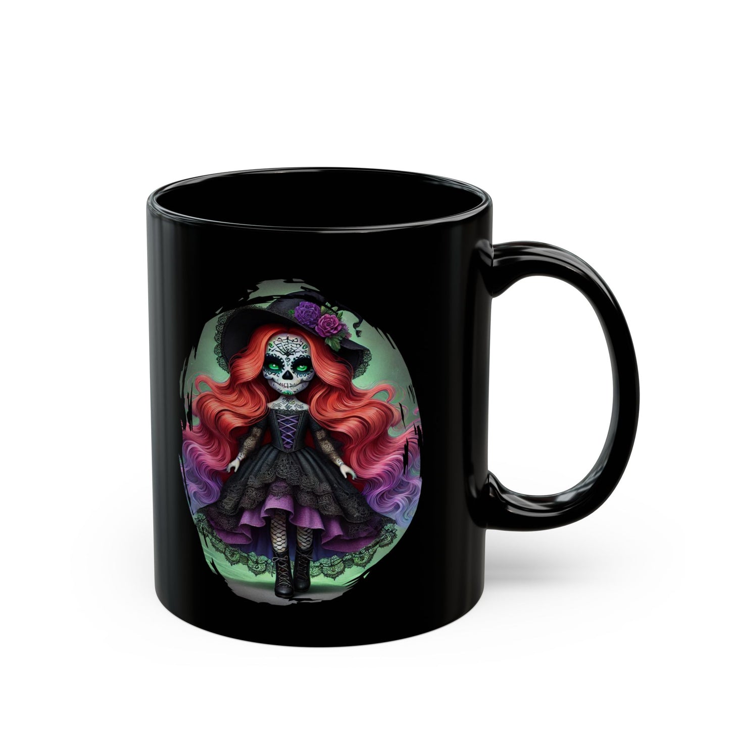 Calavera Witch Doll Sugar Skull Mug – Spooky Cute Gothic Coffee Cup Black or White