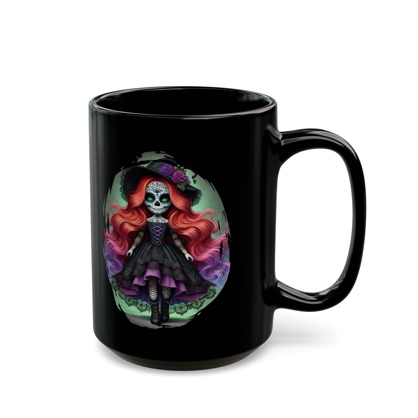 Calavera Witch Doll Sugar Skull Mug – Spooky Cute Gothic Coffee Cup Black or White