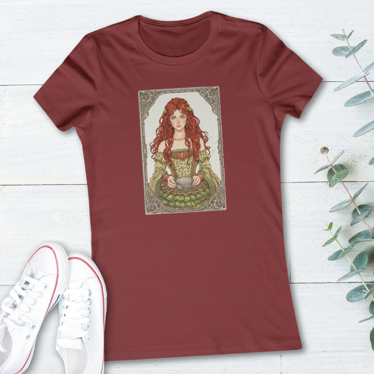 Queen of Cups Tarot T Shirt in Scarlet, Emotional Wisdom Tee