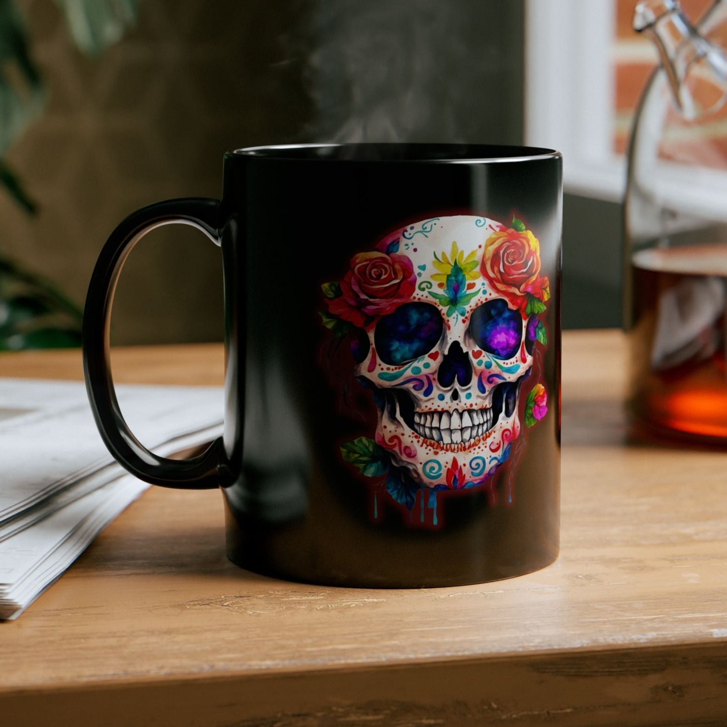 a vibrant colored skul in the day of the dead style on a black mug