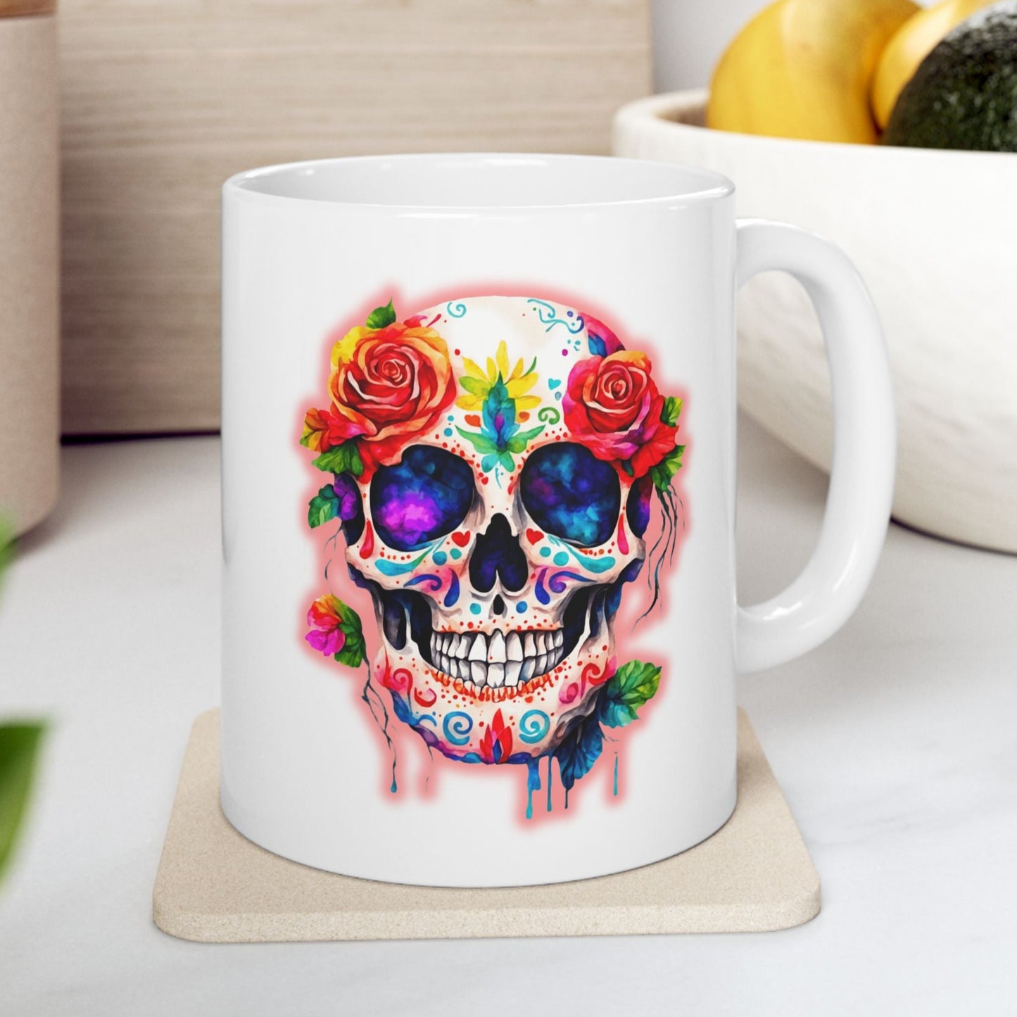 a vibrantly coloured calavera in the day of the dead style on a white ceramic mug