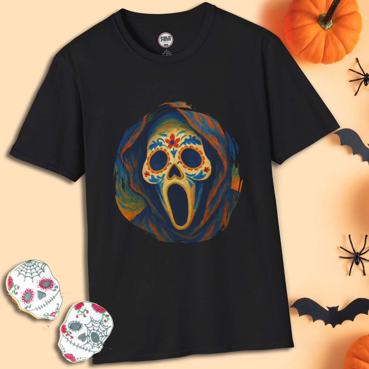 Spooky sugar skull and ghost face design on black Gildan 64000 unisex t-shirt – horrorcore Halloween tee