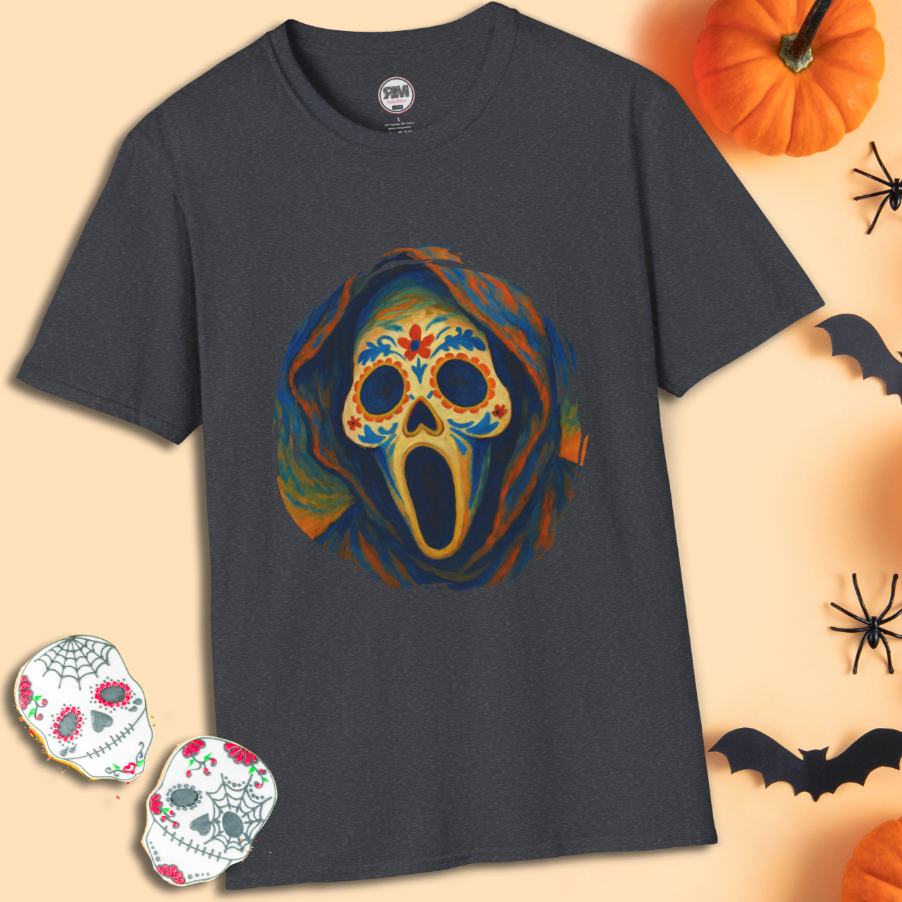 Horrorcore sugar skull ghost face print on dark heather grey Gildan unisex tee – spooky alt Halloween shirt