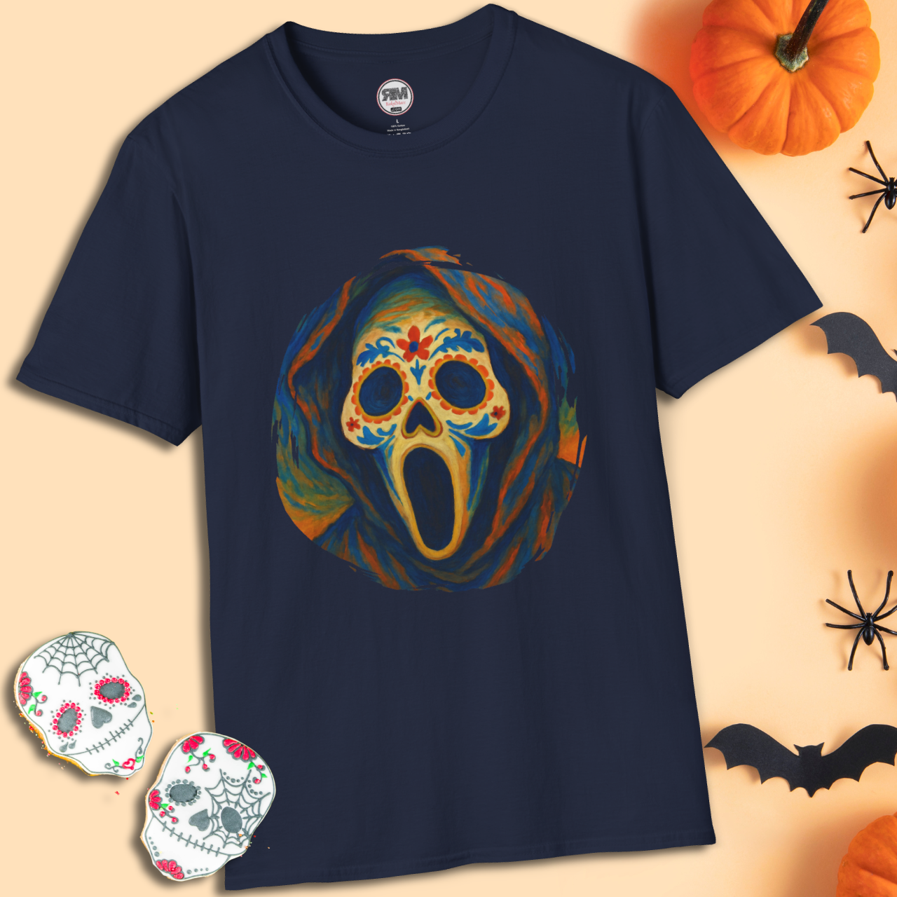 Ghost face sugar skull design on navy Gildan 64000 shirt – spooky unisex Halloween horrorcore t-shirt