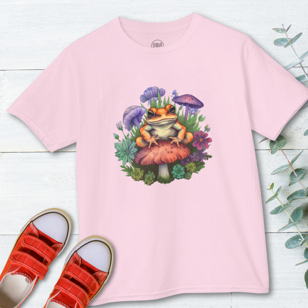 Frog on Toadstool Kids T Shirt, Childrens Frog Toadstool Tee