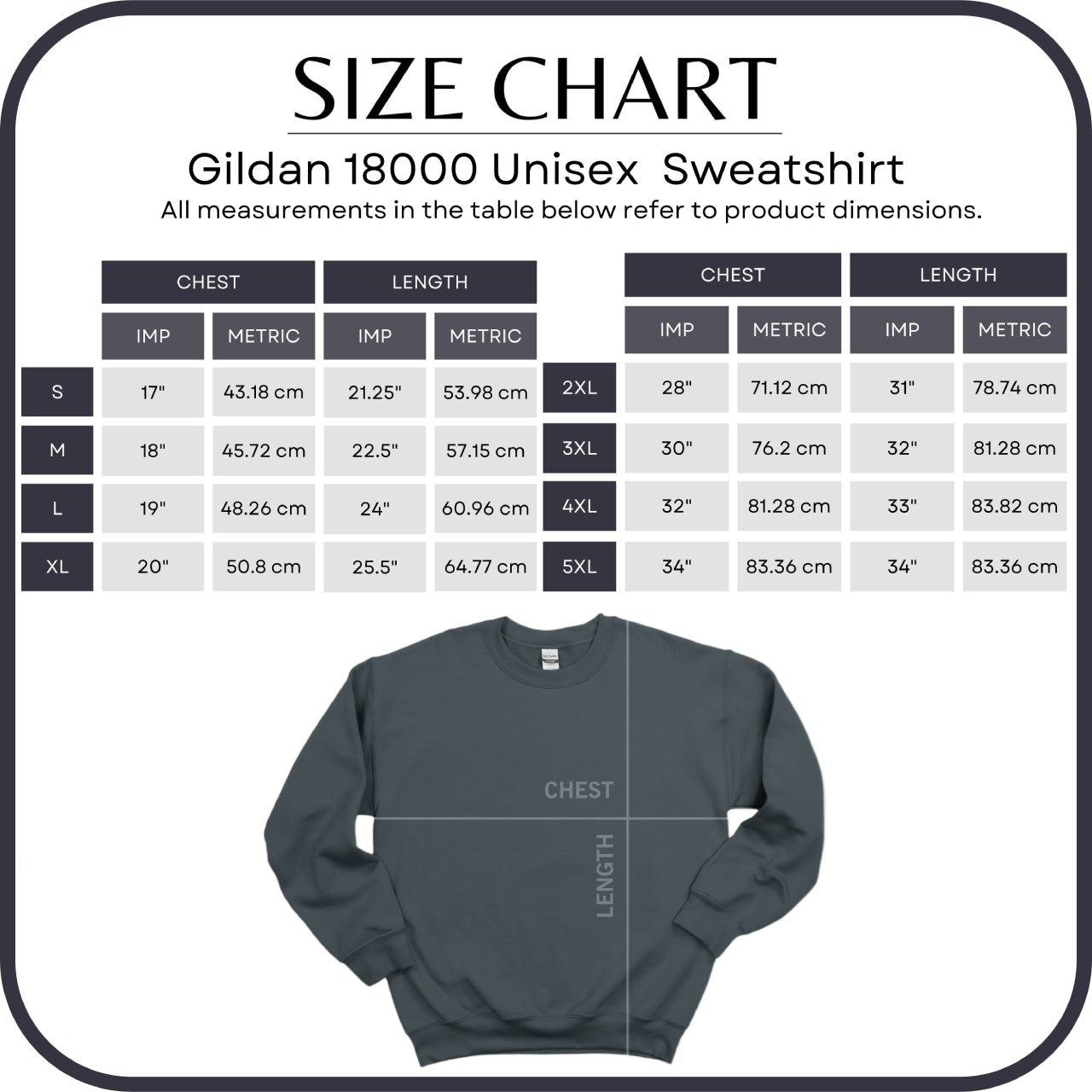 Size chart for Gildan 18000 Unisex Sweatshirt with measurements in inches and centimeters.