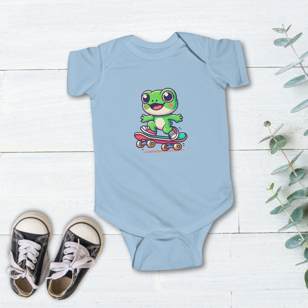 Skateboarding Frog Infant Baby Bodysuit, Newborn Frog Skate Outfit