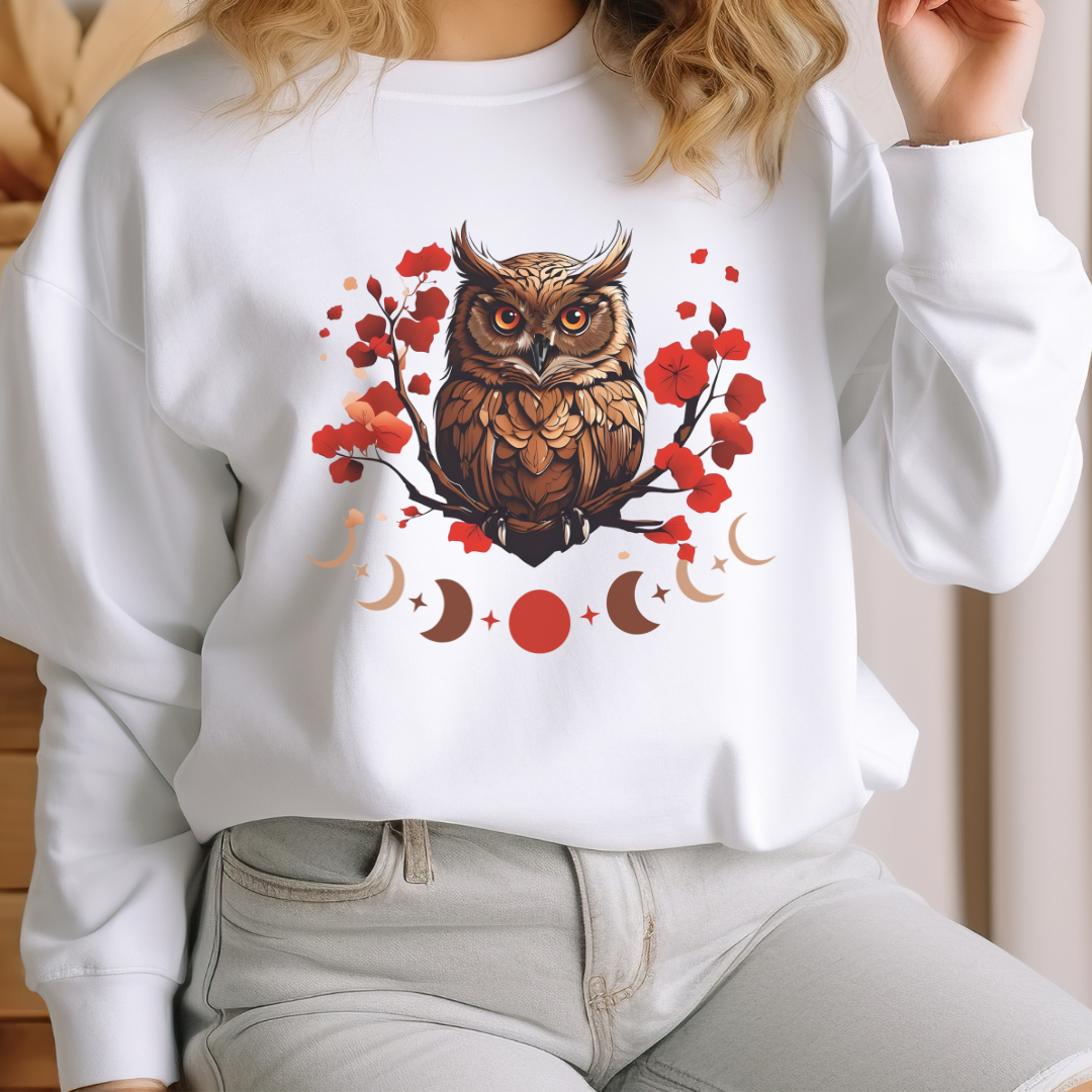 Moon Phase Owl Japanese Cherry Blossom Sweatshirt, Nature Spirit Unisex Pullover