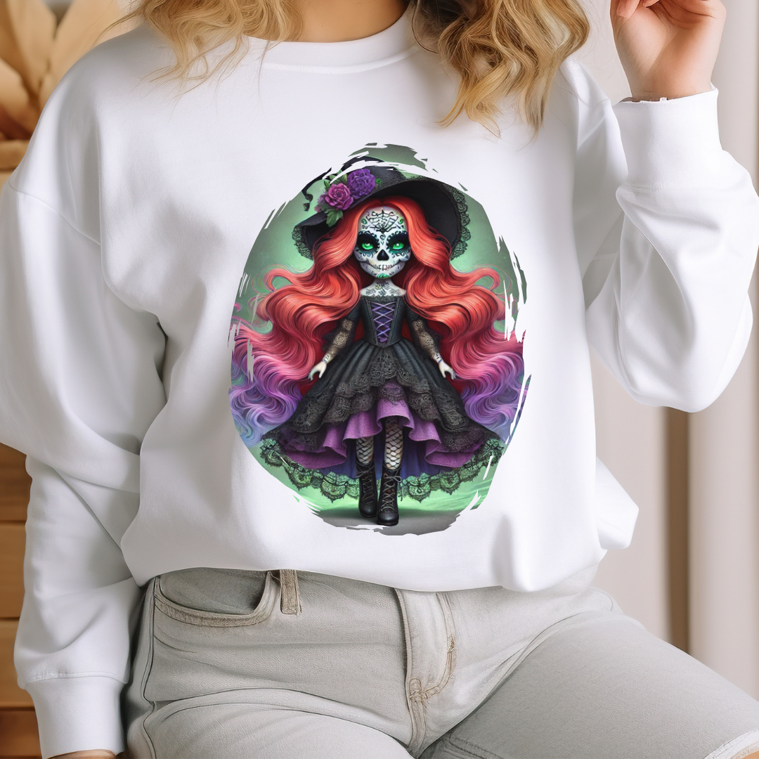 Calavera Witch Doll Sugar Skull Sweatshirt – Gothic Día de los Muertos Pullover