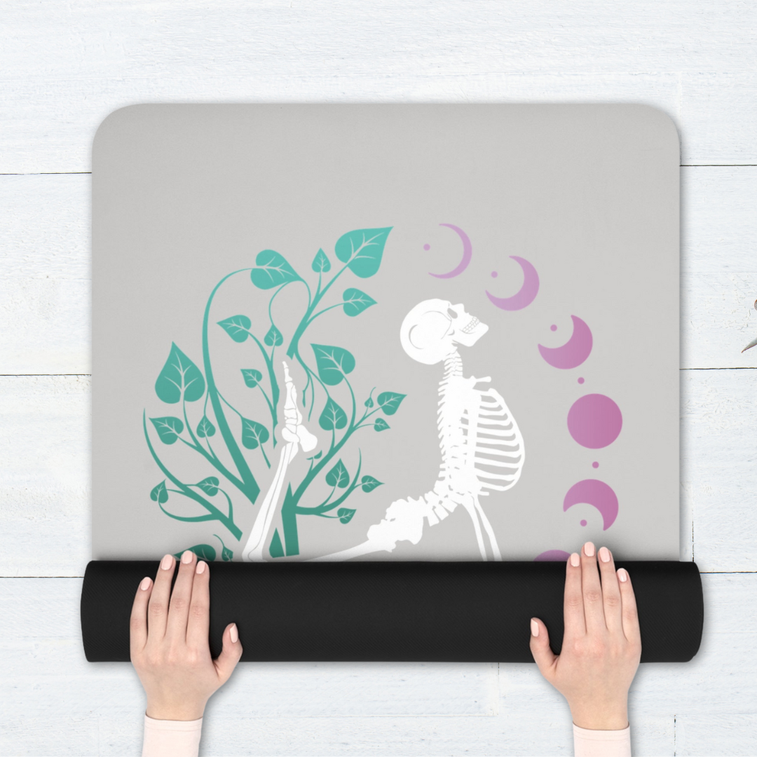 Skeleton In Yoga Pose Yoga Mat - Moon Phase Spiritual Rubber Mat 24x70