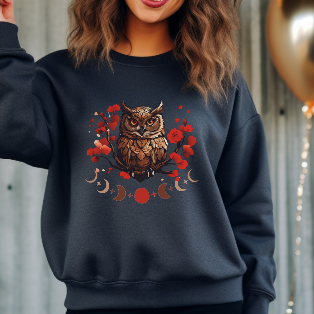 Moon Phase Owl Japanese Cherry Blossom Sweatshirt, Nature Spirit Unisex Pullover
