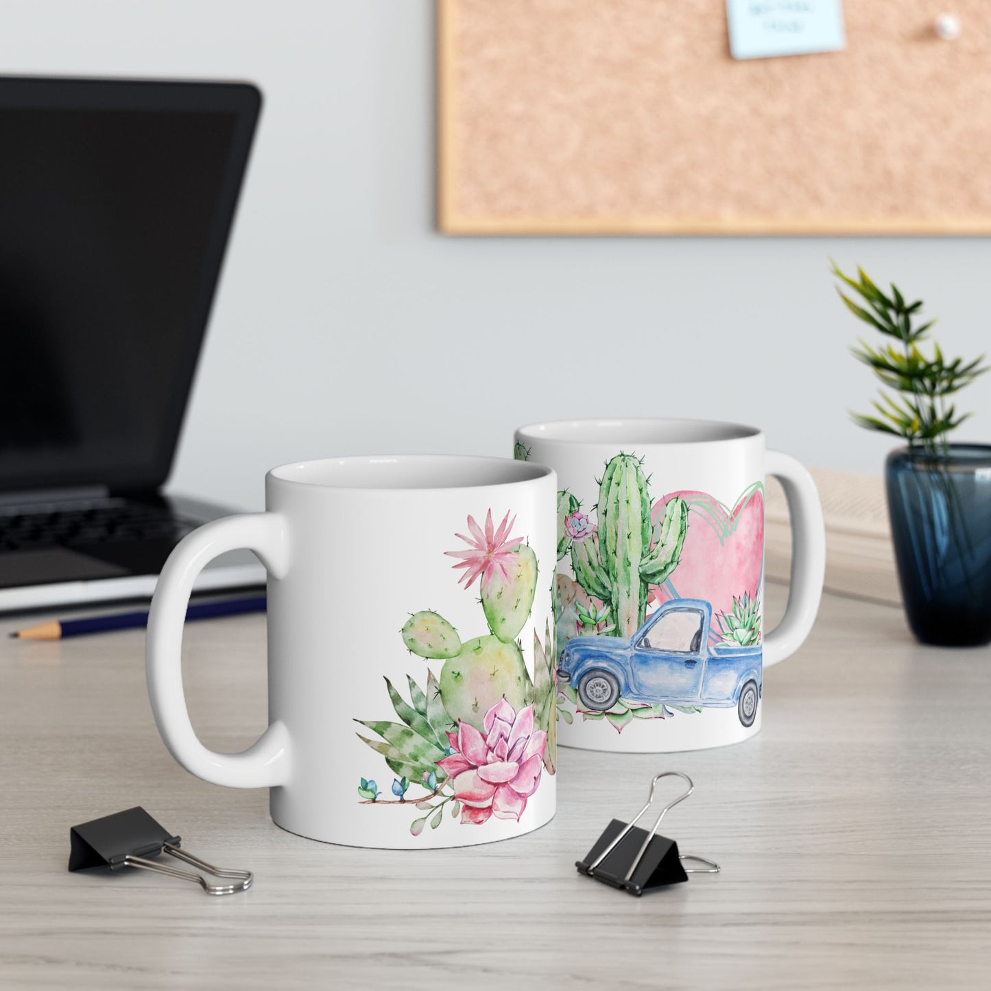 Taza de cerámica con cactus y suculentas en acuarela de 11 oz y 15 oz