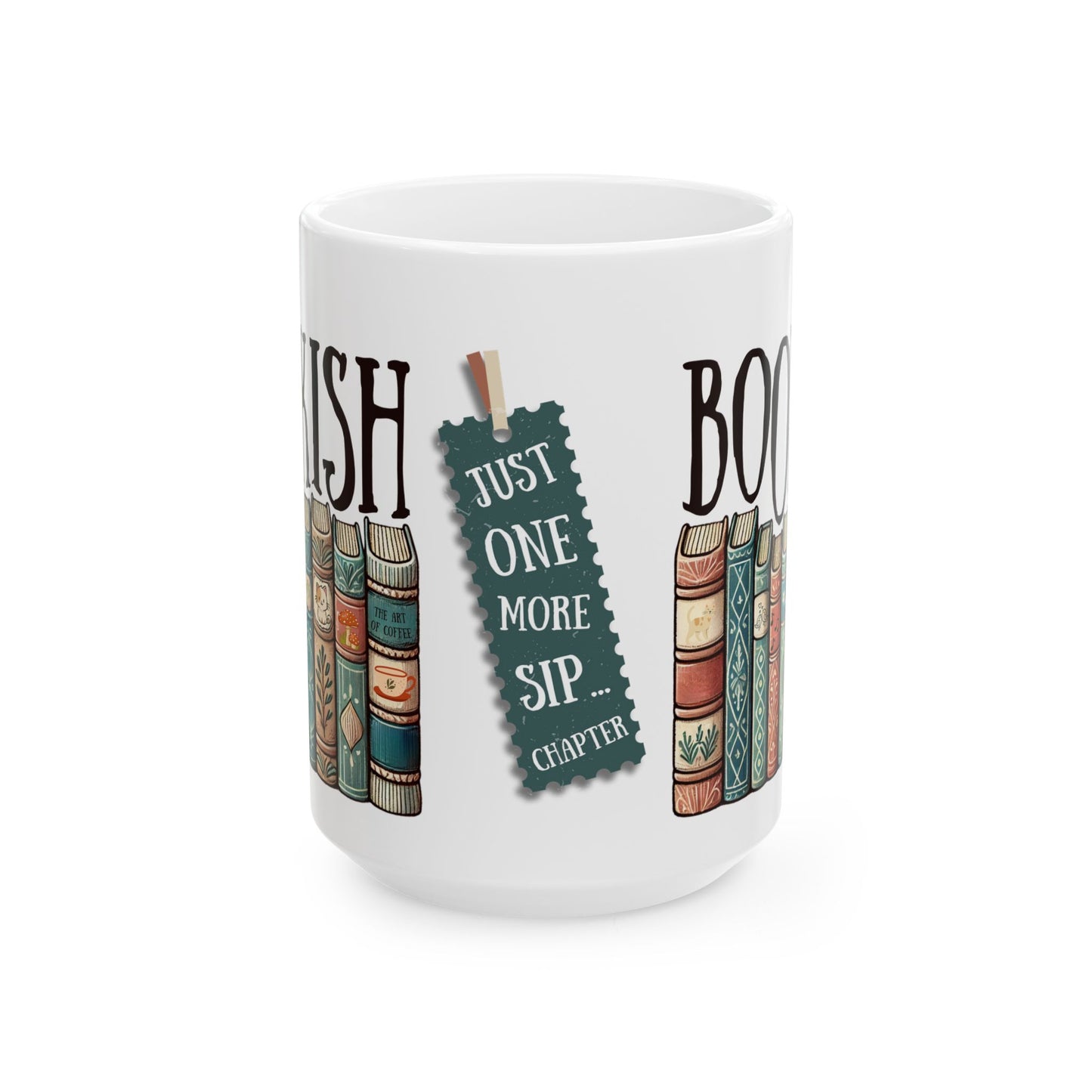 Taza de cerámica blanca Bookish disponible en 11 oz y 15 oz