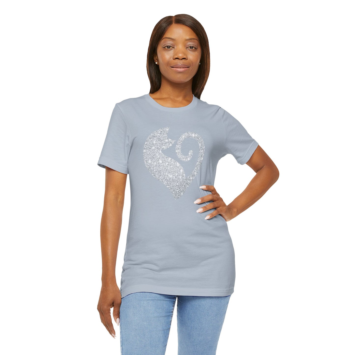Cat Heart Silver Glitter Look Tee