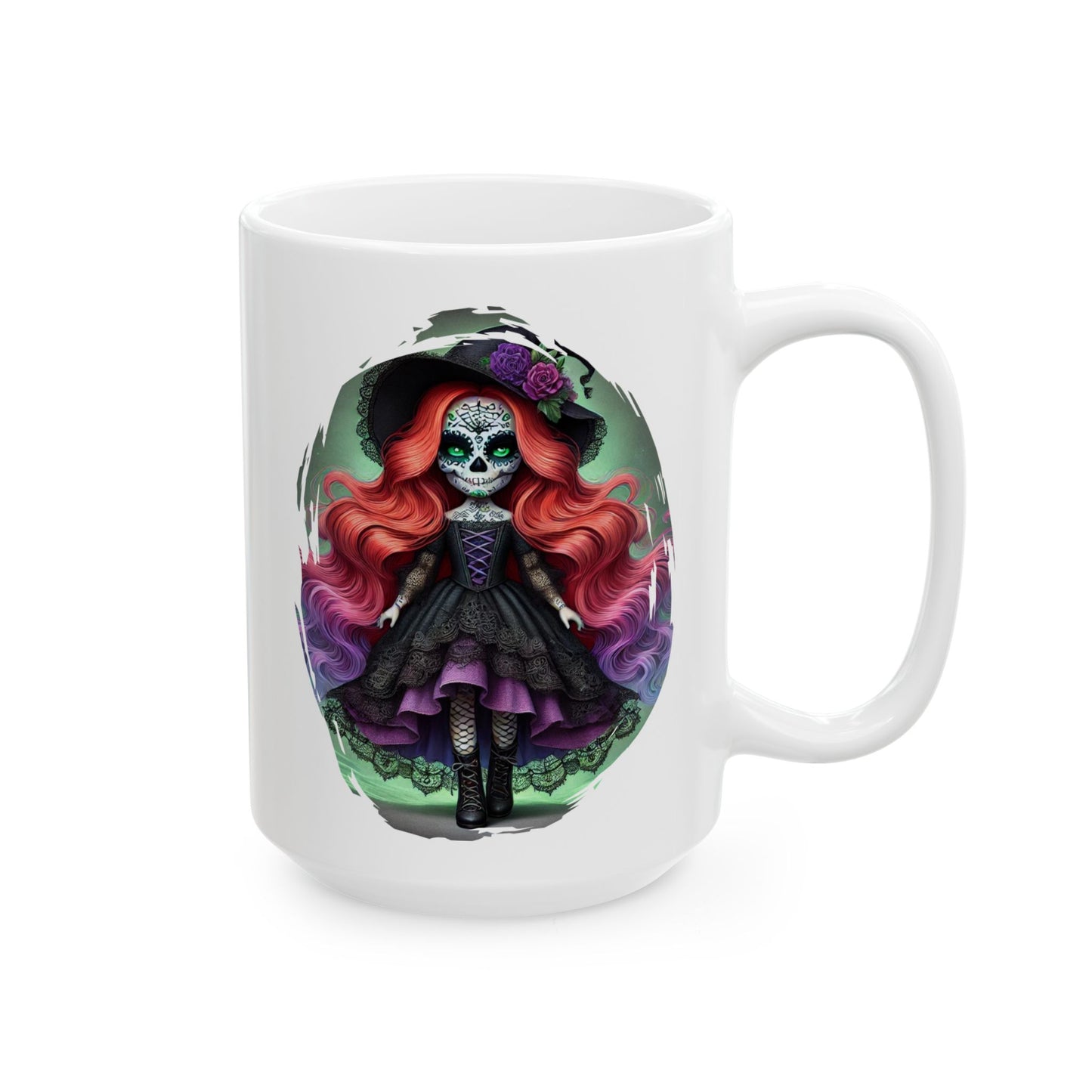 Calavera Witch Doll Sugar Skull Mug – Spooky Cute Gothic Coffee Cup Black or White