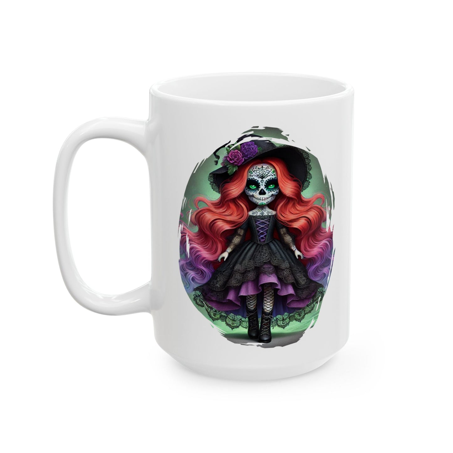 Calavera Witch Doll Sugar Skull Mug – Spooky Cute Gothic Coffee Cup Black or White