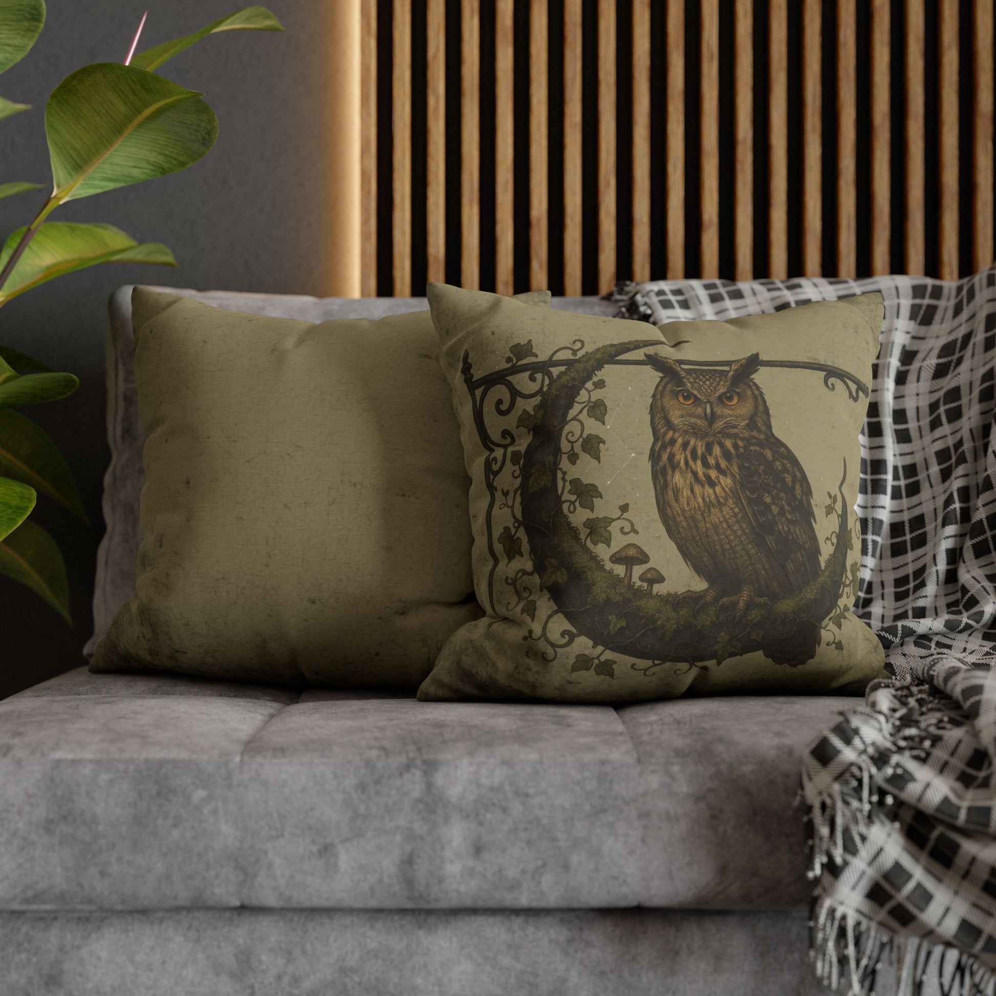 Celestial owl cushion cover styled on furniture witchy aesthetic