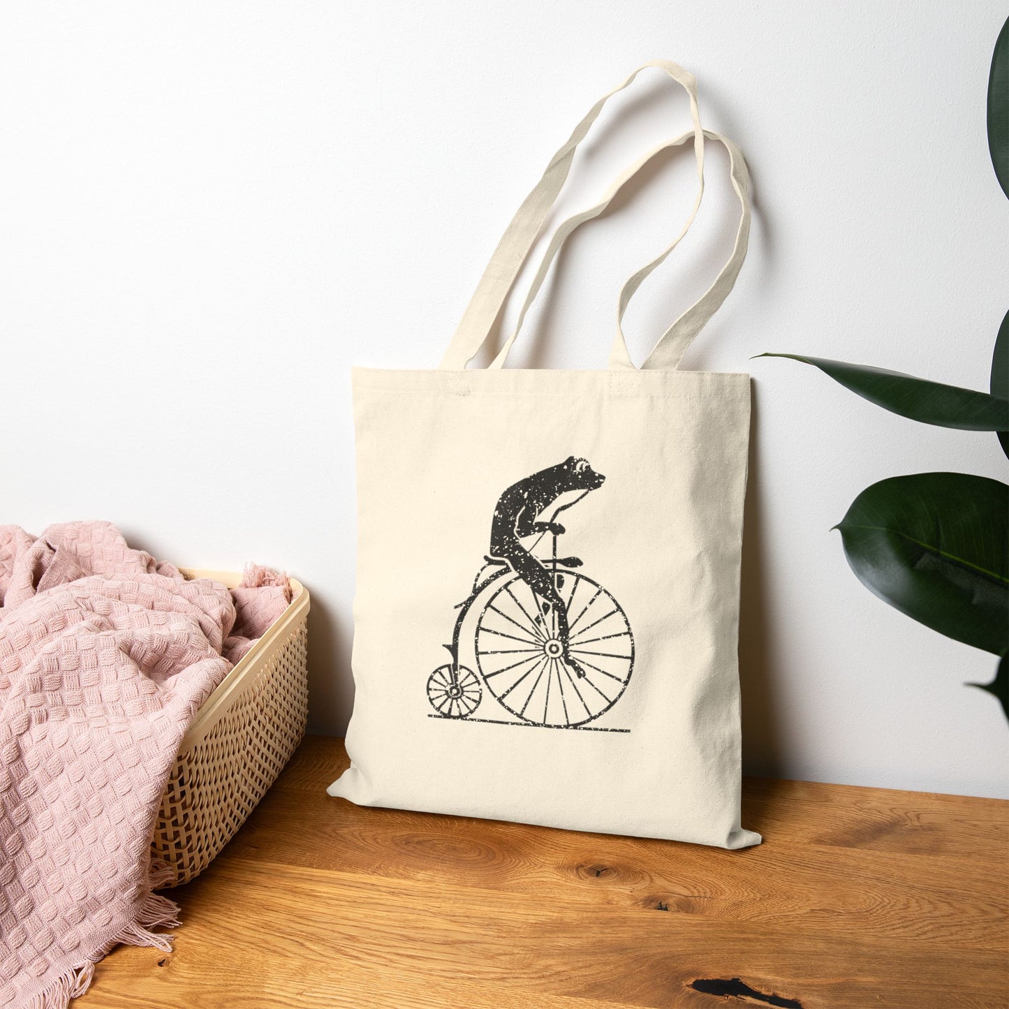 Vintage Distressed Frog on a penny-farthing bicycle Cotton Canvas Tote Bag | Black or Natural Printify